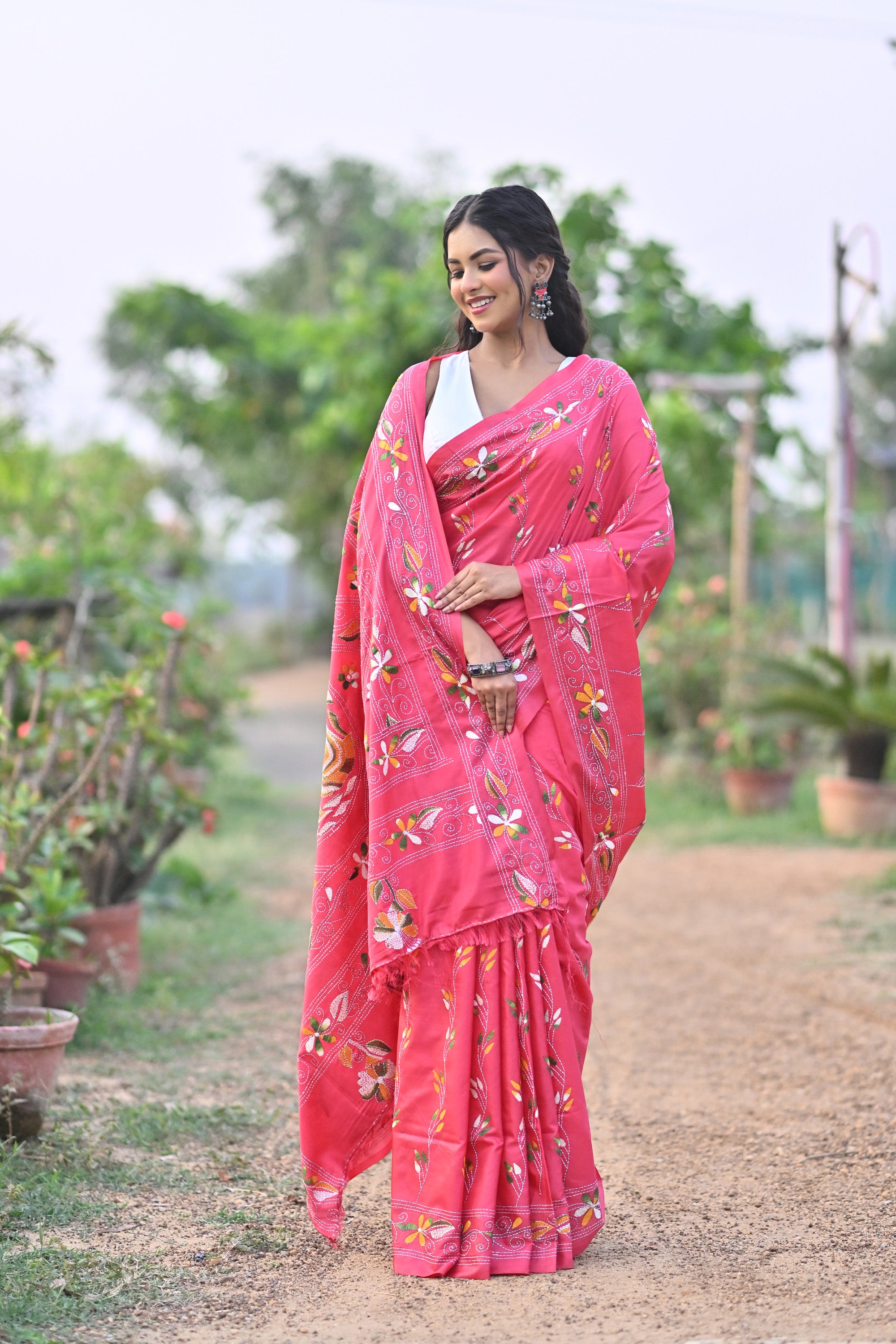 Blended Silk Kantha Stitch Saree Pink Thumbnail