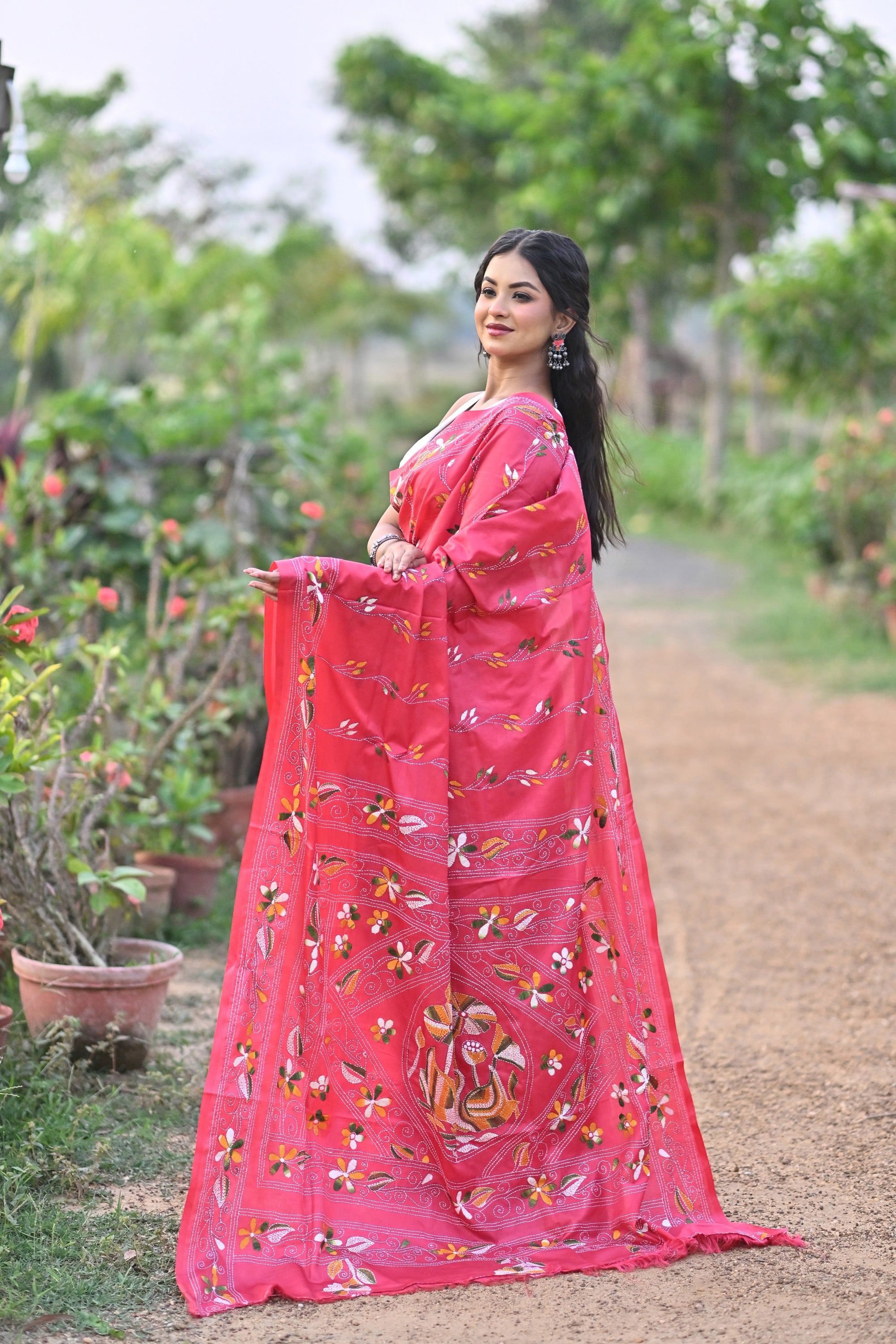 Blended Silk Kantha Stitch Saree Pink Thumbnail