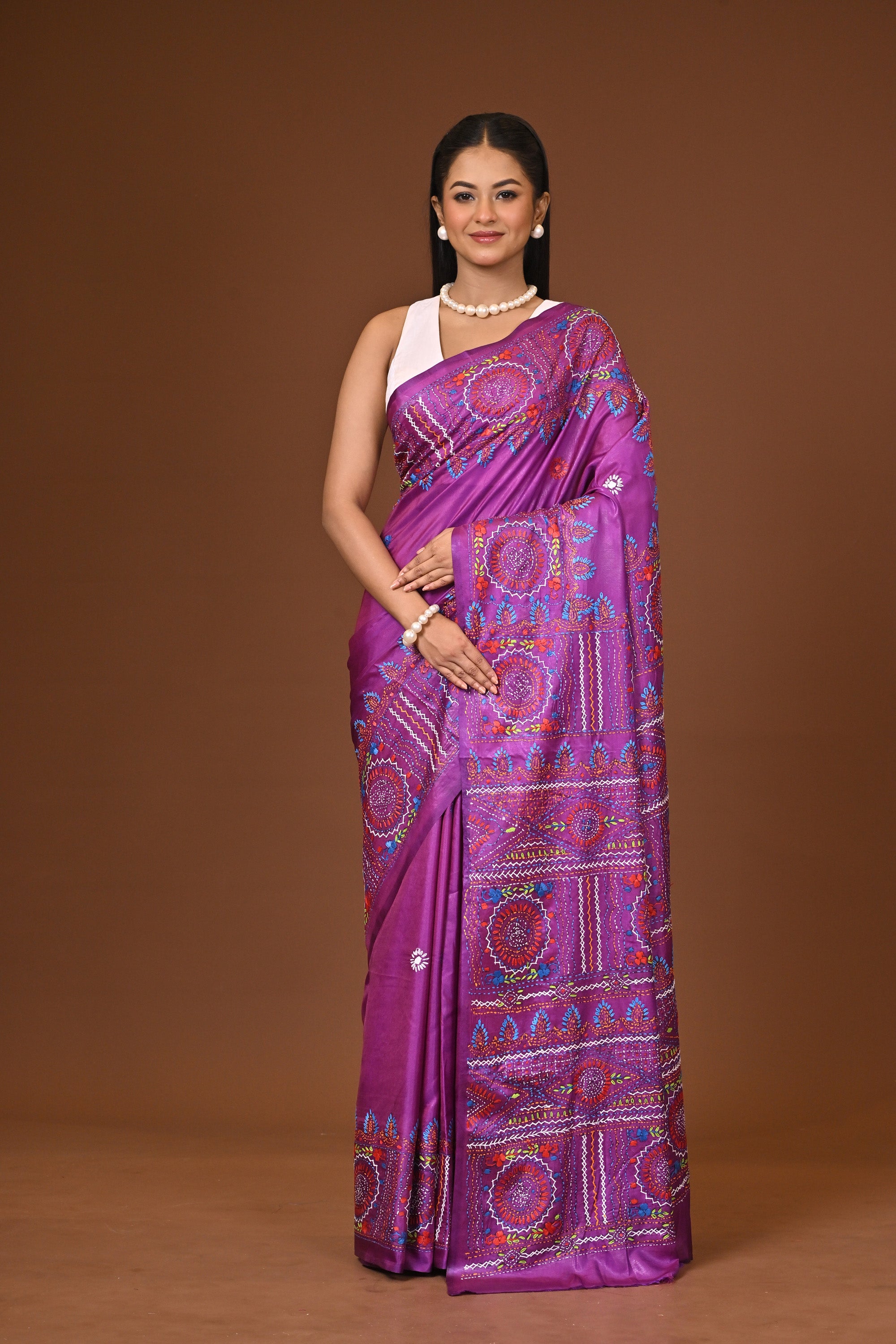 Blended Silk Kantha Stitch Saree Purple