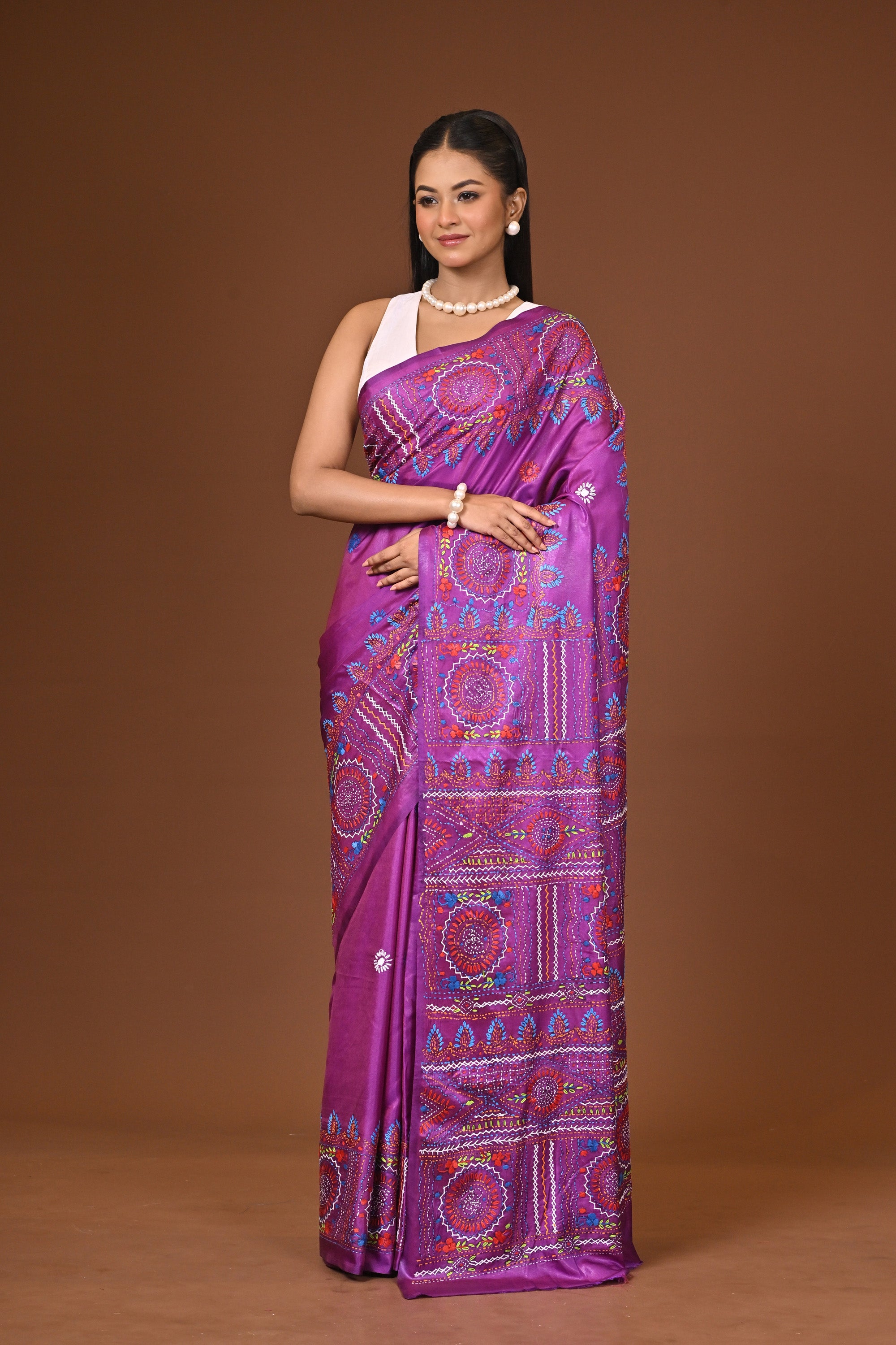 Blended Silk Kantha Stitch Saree Purple Thumbnail