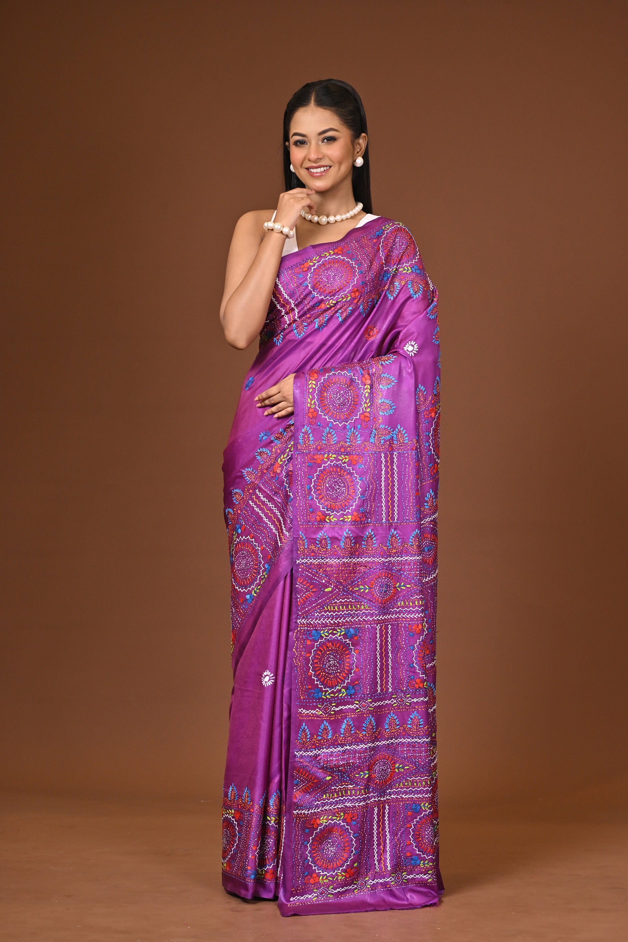 Blended Silk Kantha Stitch Saree Purple Thumbnail