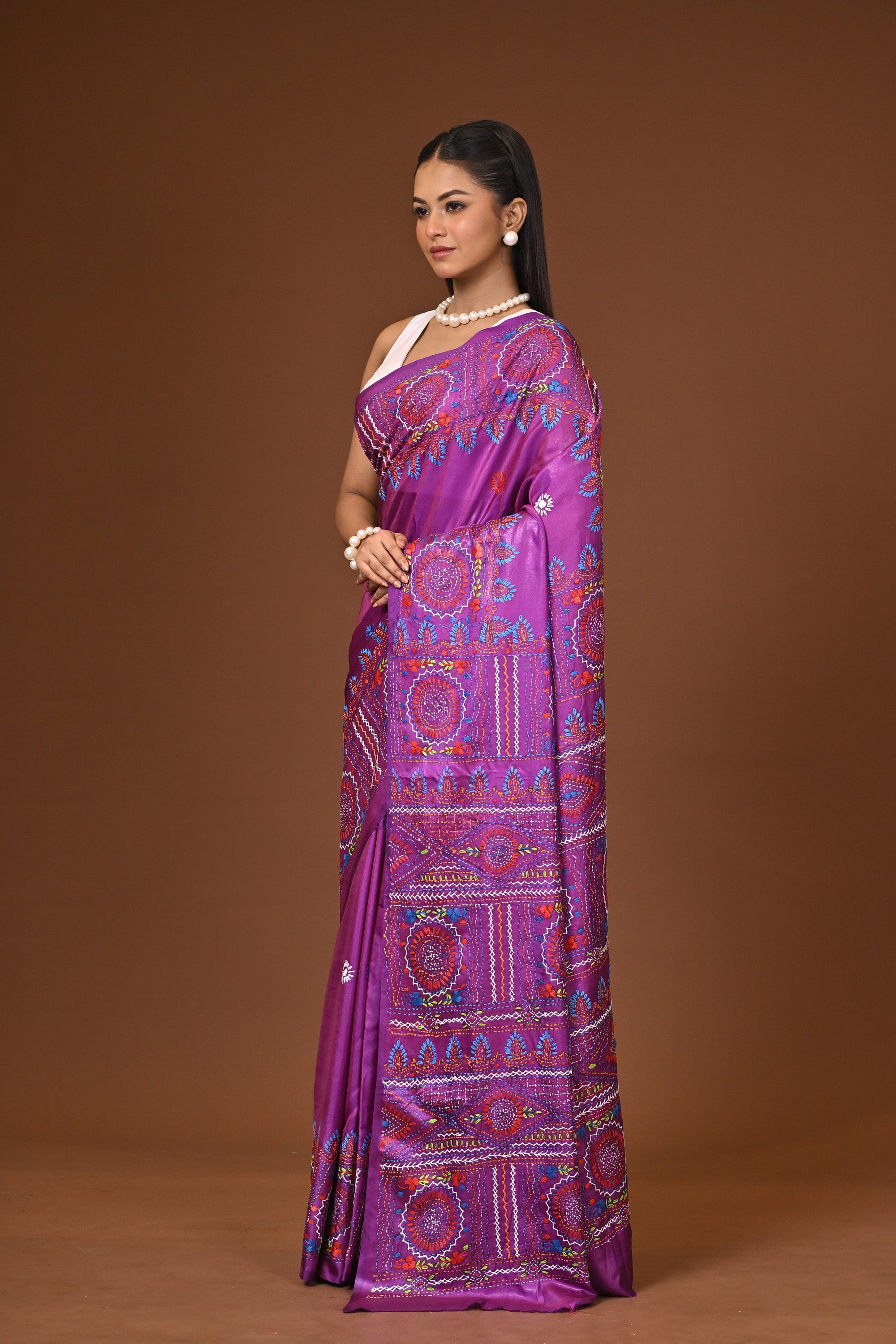 Blended Silk Kantha Stitch Saree Purple Thumbnail