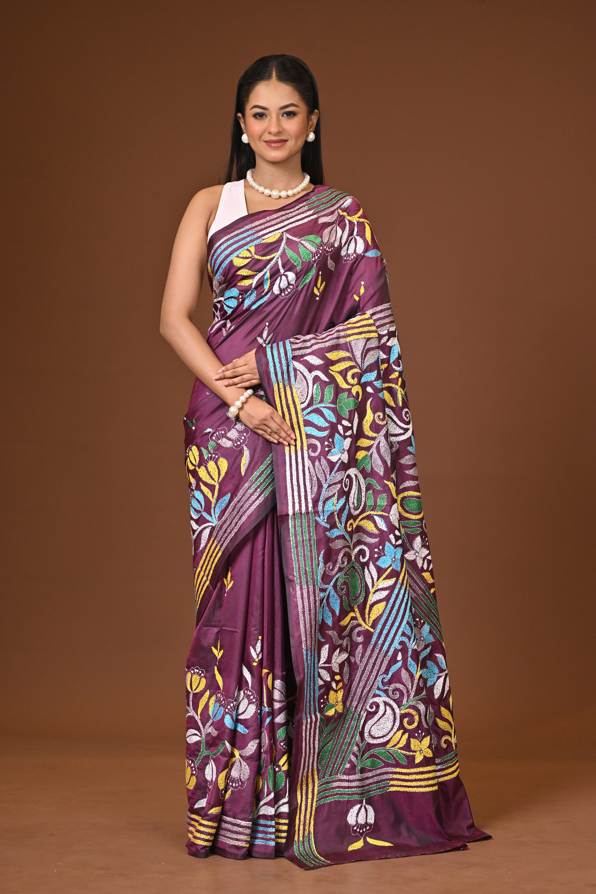 Blended Silk Kantha Stitch Saree Purple Thumbnail