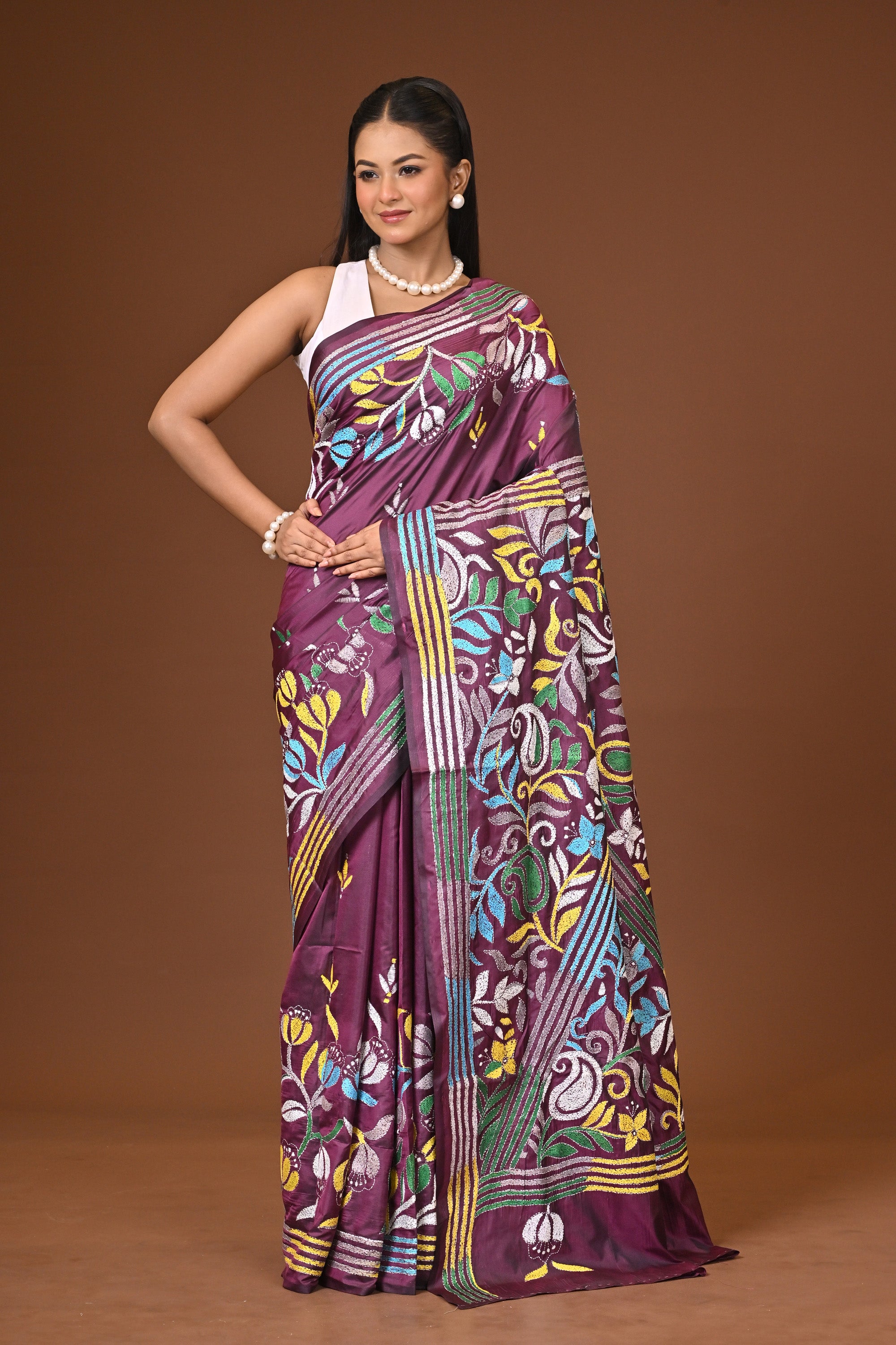 Blended Silk Kantha Stitch Saree Purple Thumbnail