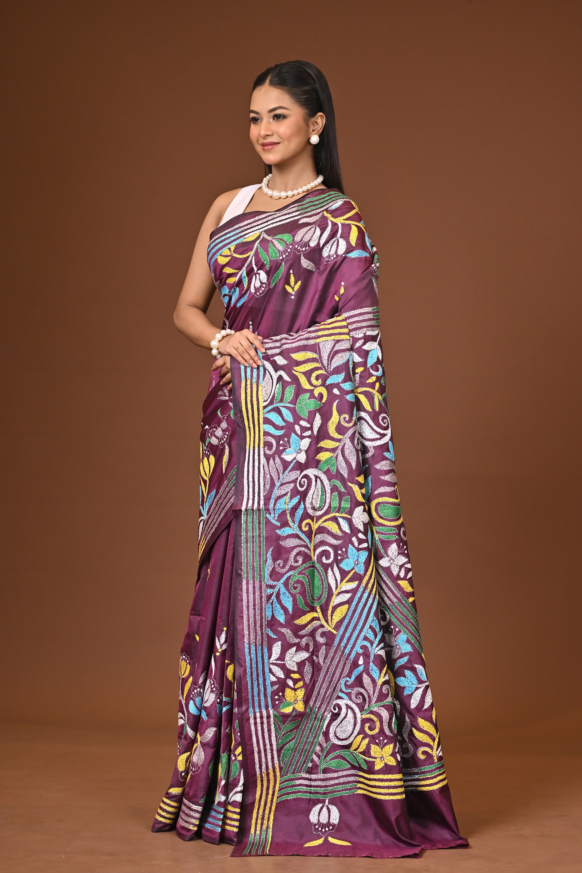 Blended Silk Kantha Stitch Saree Purple Thumbnail