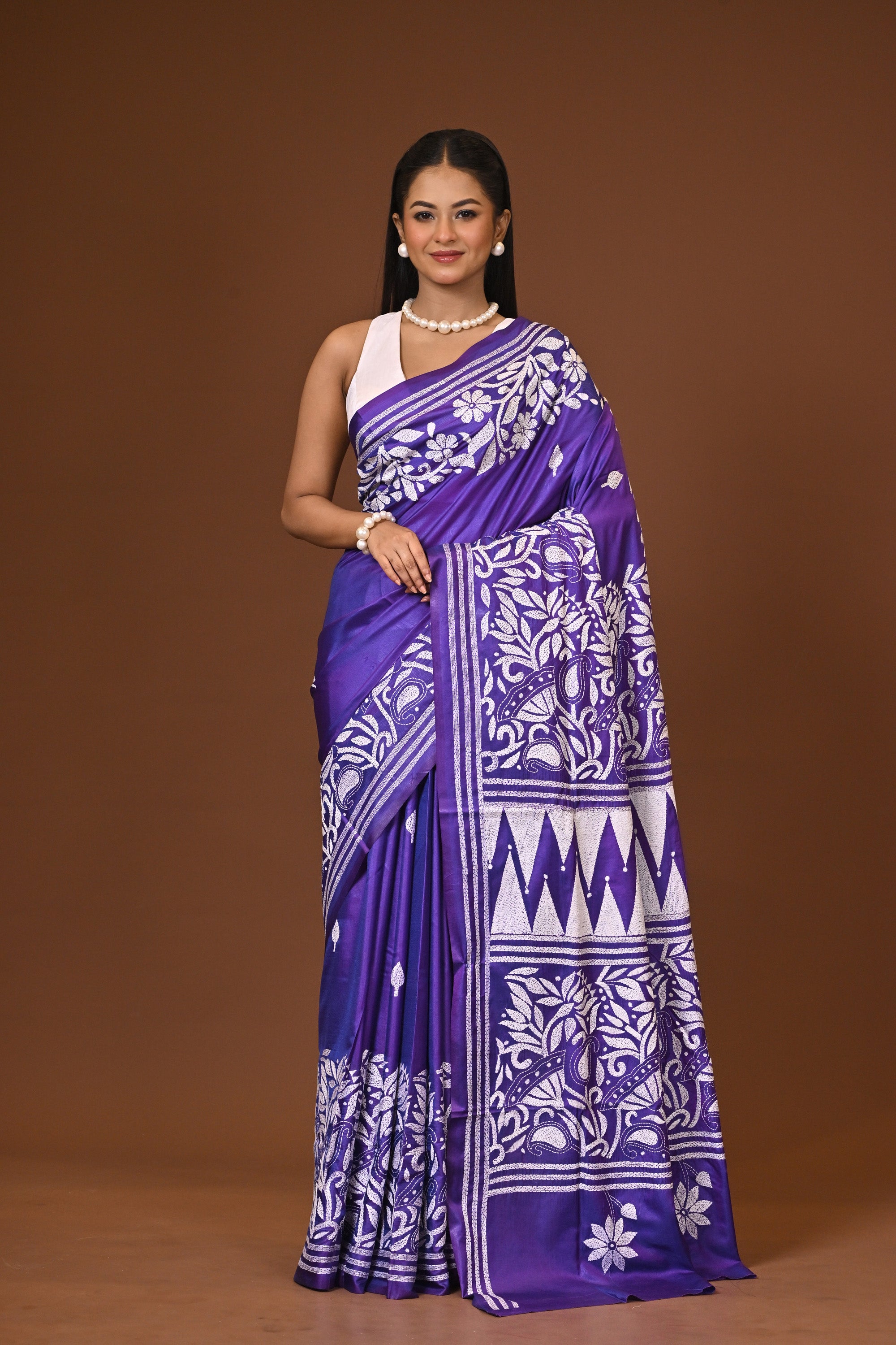 Blended Silk Kantha Stitch Saree Purple Thumbnail