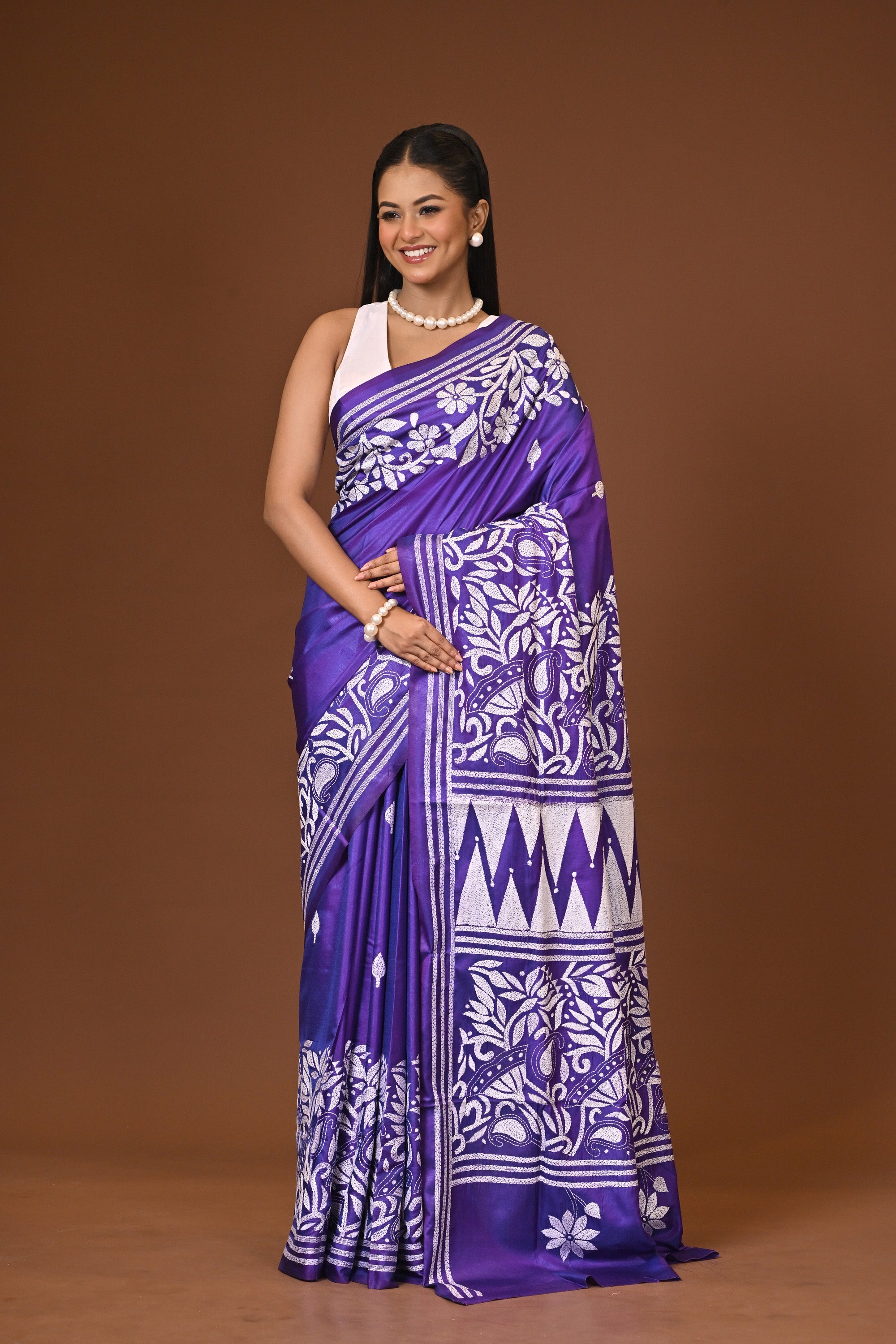 Blended Silk Kantha Stitch Saree Purple Thumbnail