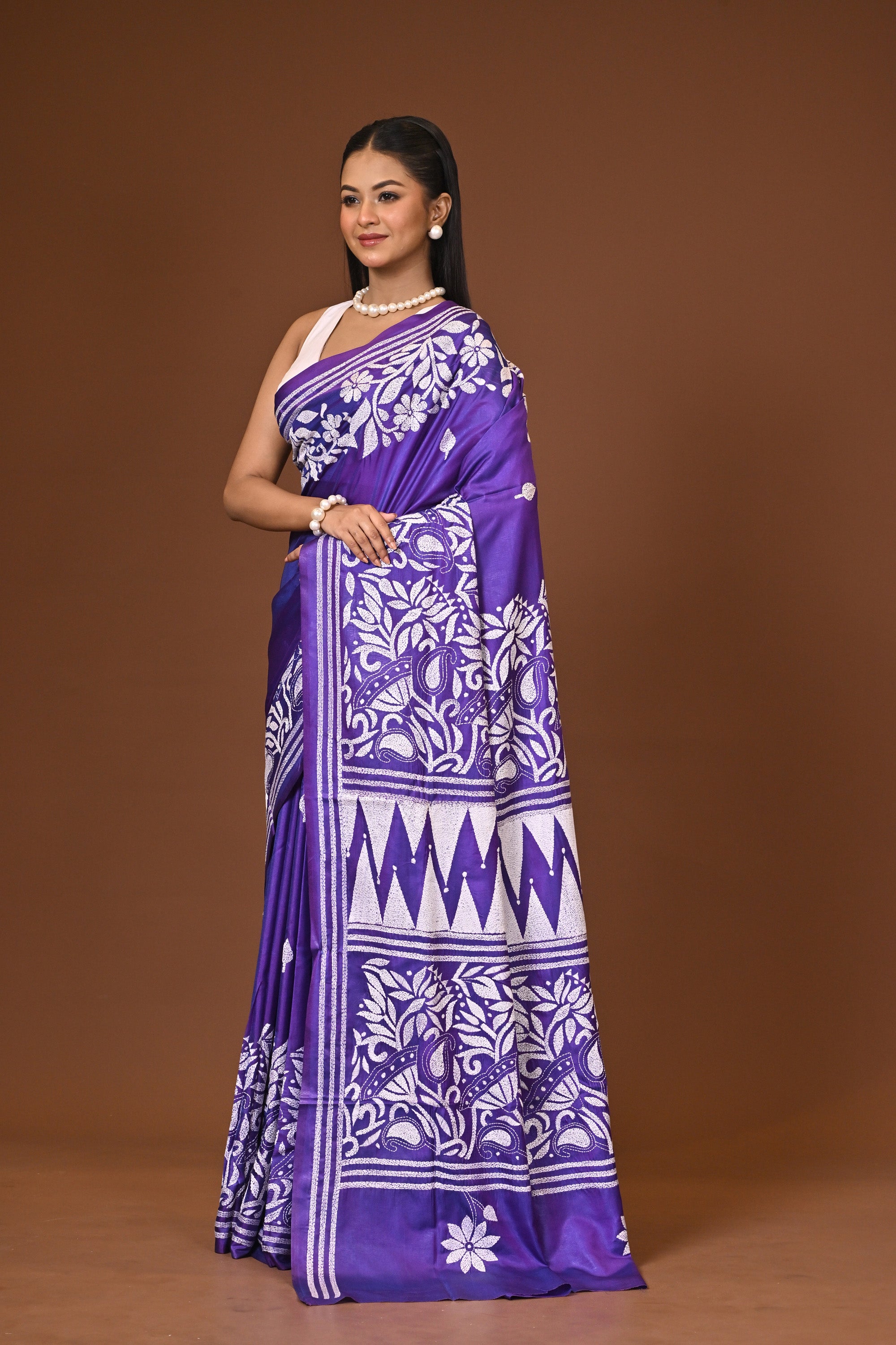 Blended Silk Kantha Stitch Saree Purple Thumbnail