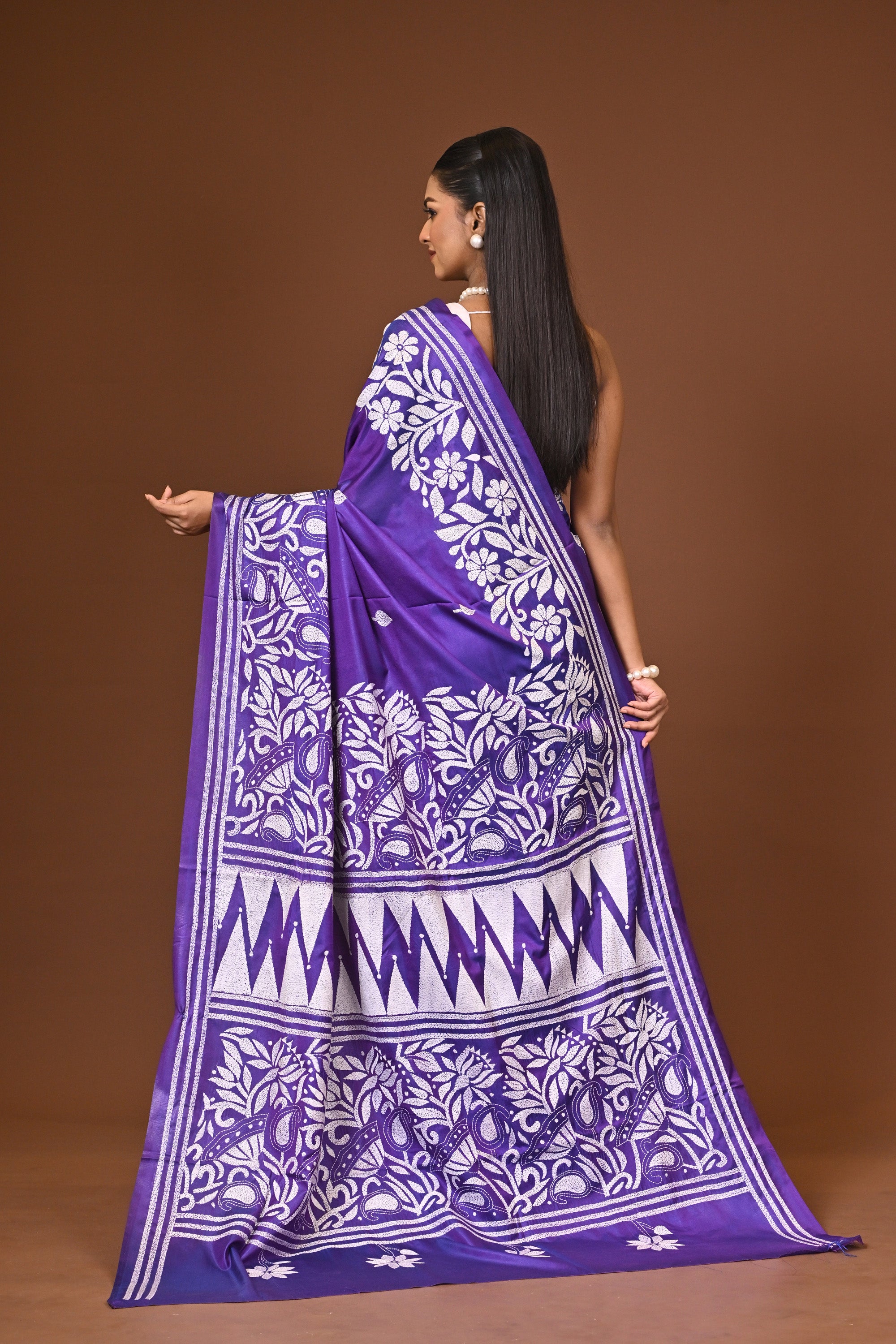 Blended Silk Kantha Stitch Saree Purple Thumbnail