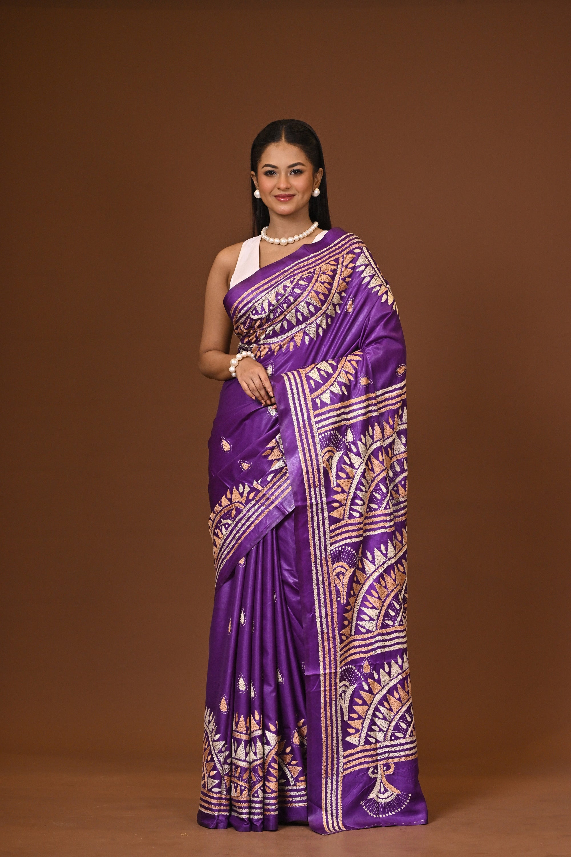 Blended Silk Kantha Stitch Saree Purple
