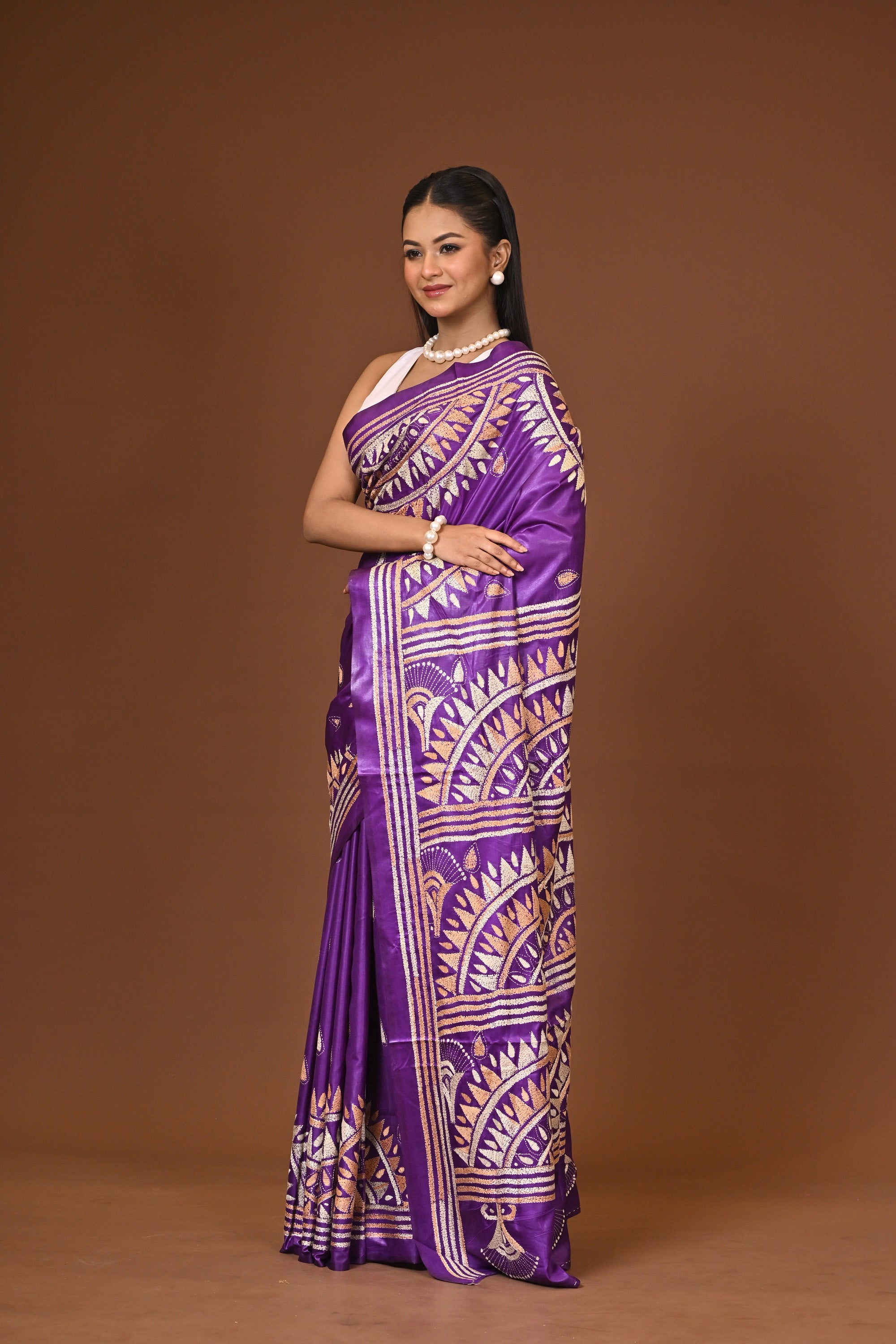 Blended Silk Kantha Stitch Saree Purple Thumbnail
