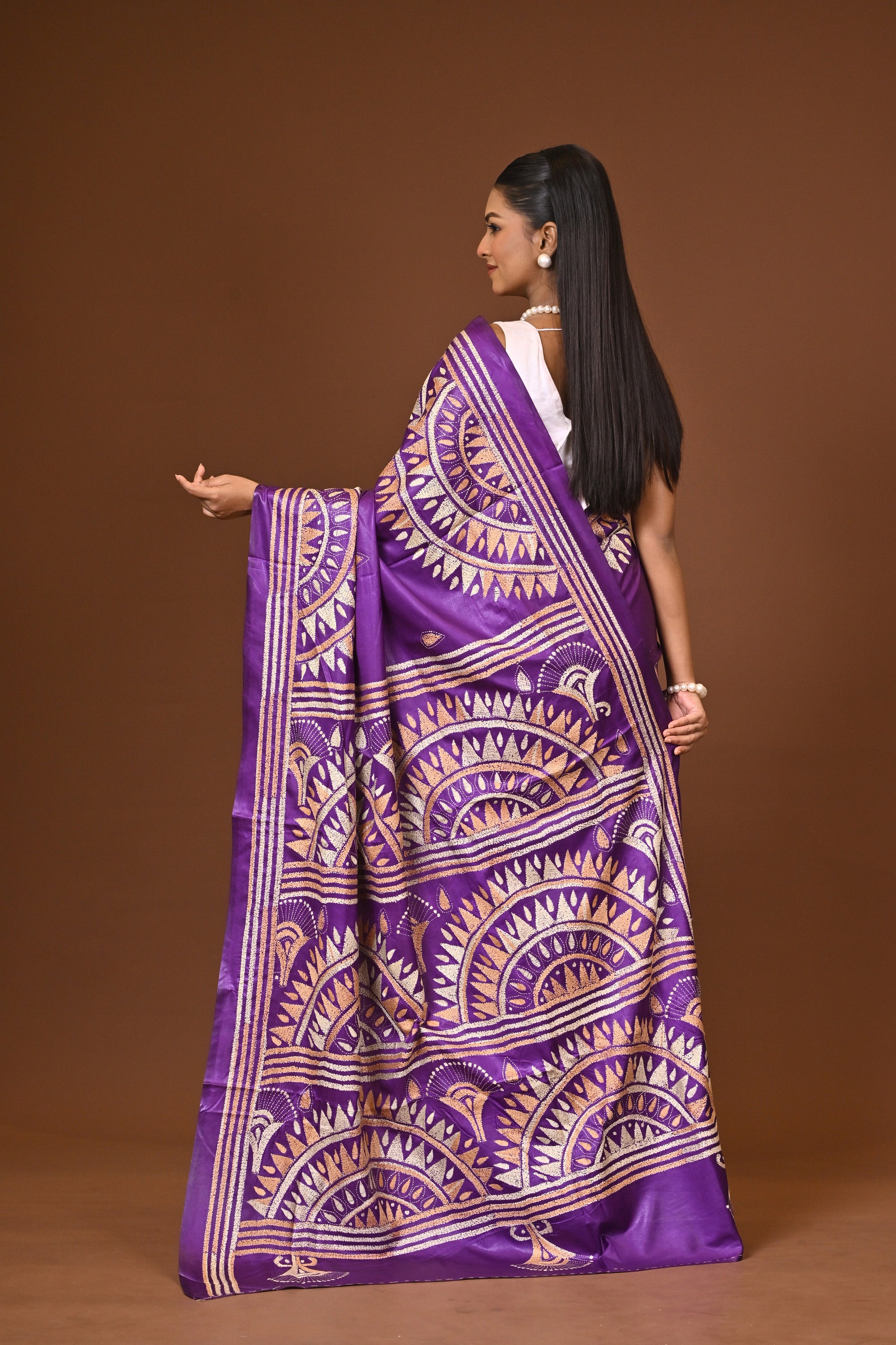 Blended Silk Kantha Stitch Saree Purple Thumbnail