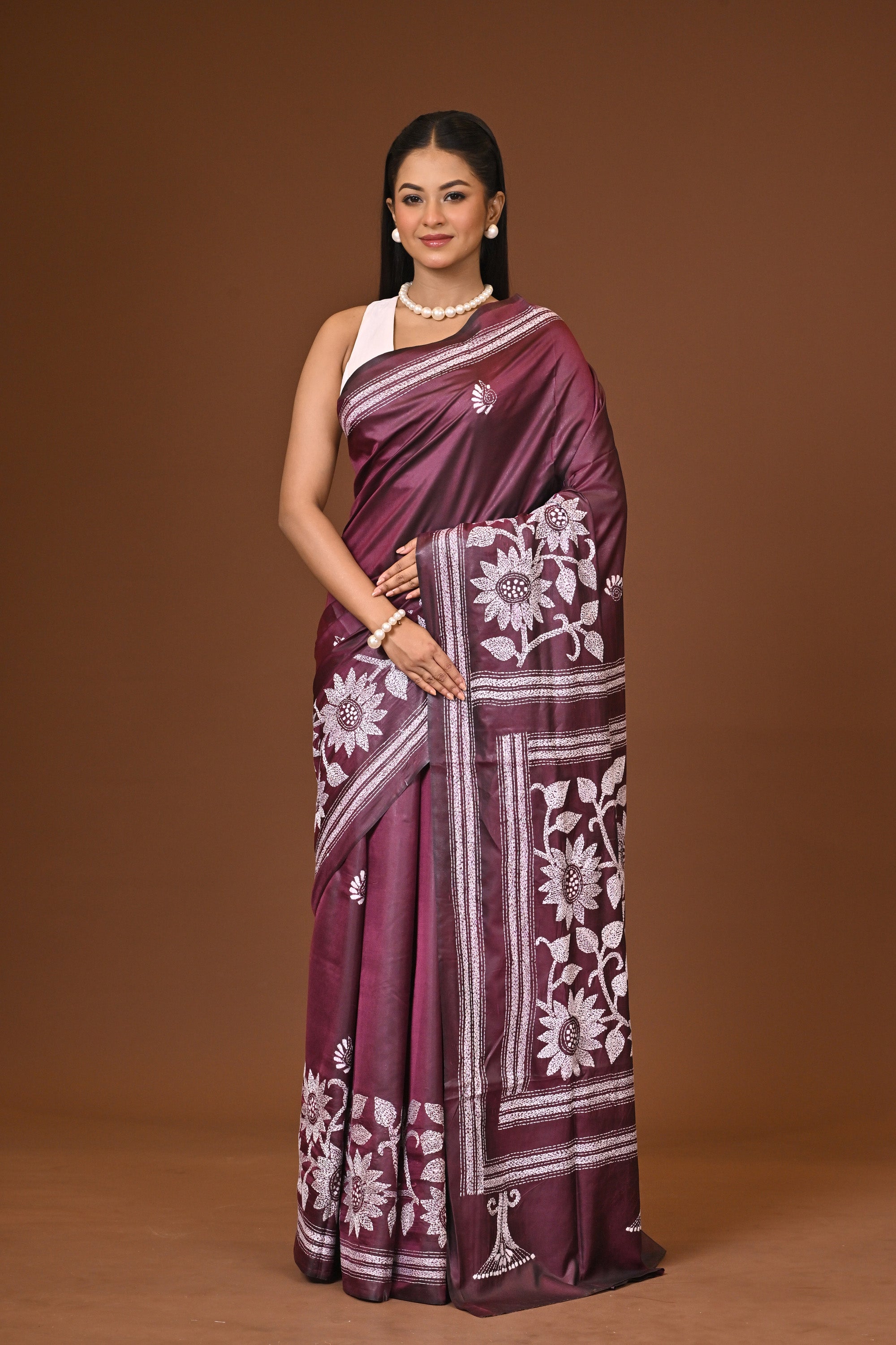 Blended Silk Kantha Stitch Saree Purple