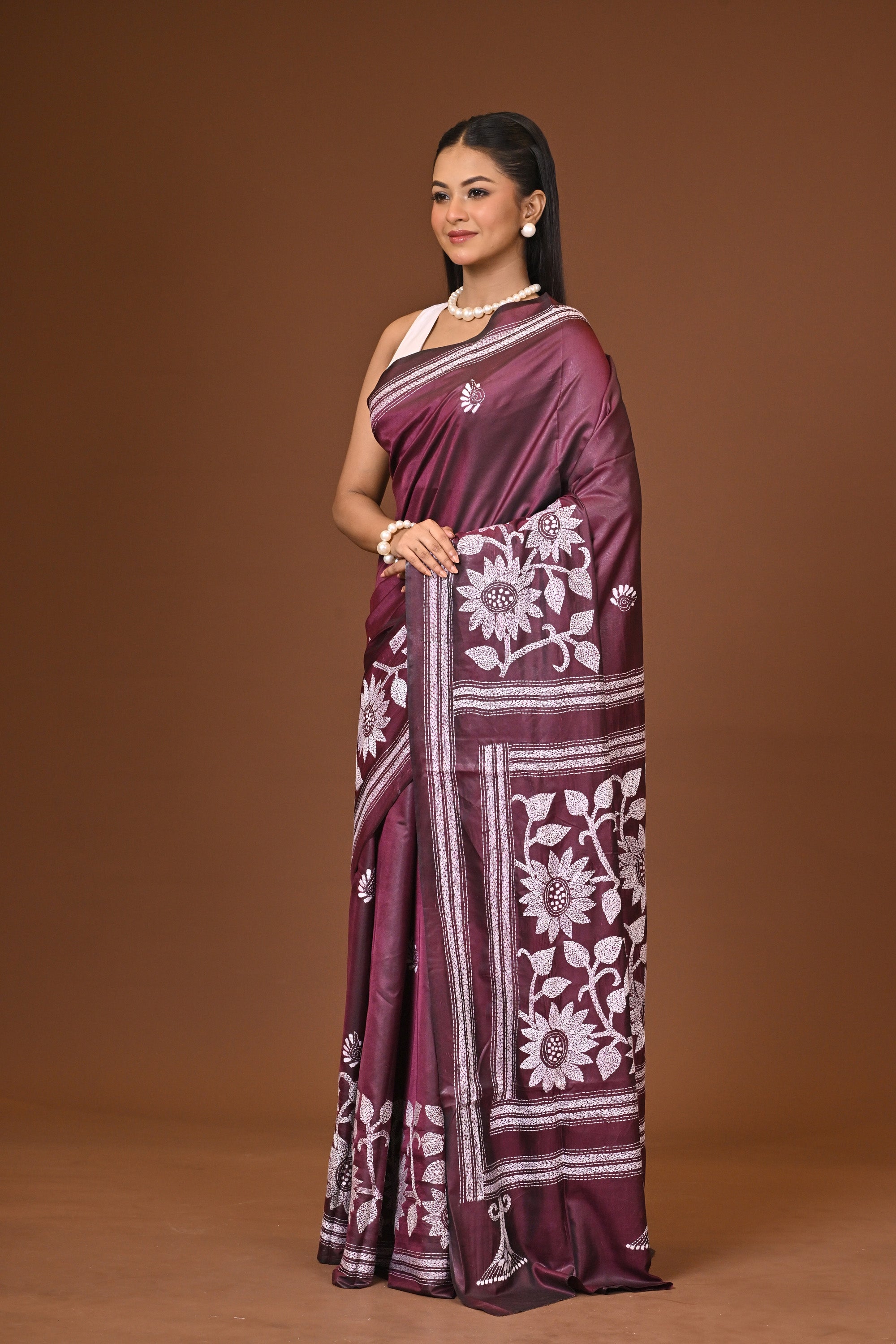 Blended Silk Kantha Stitch Saree Purple Thumbnail