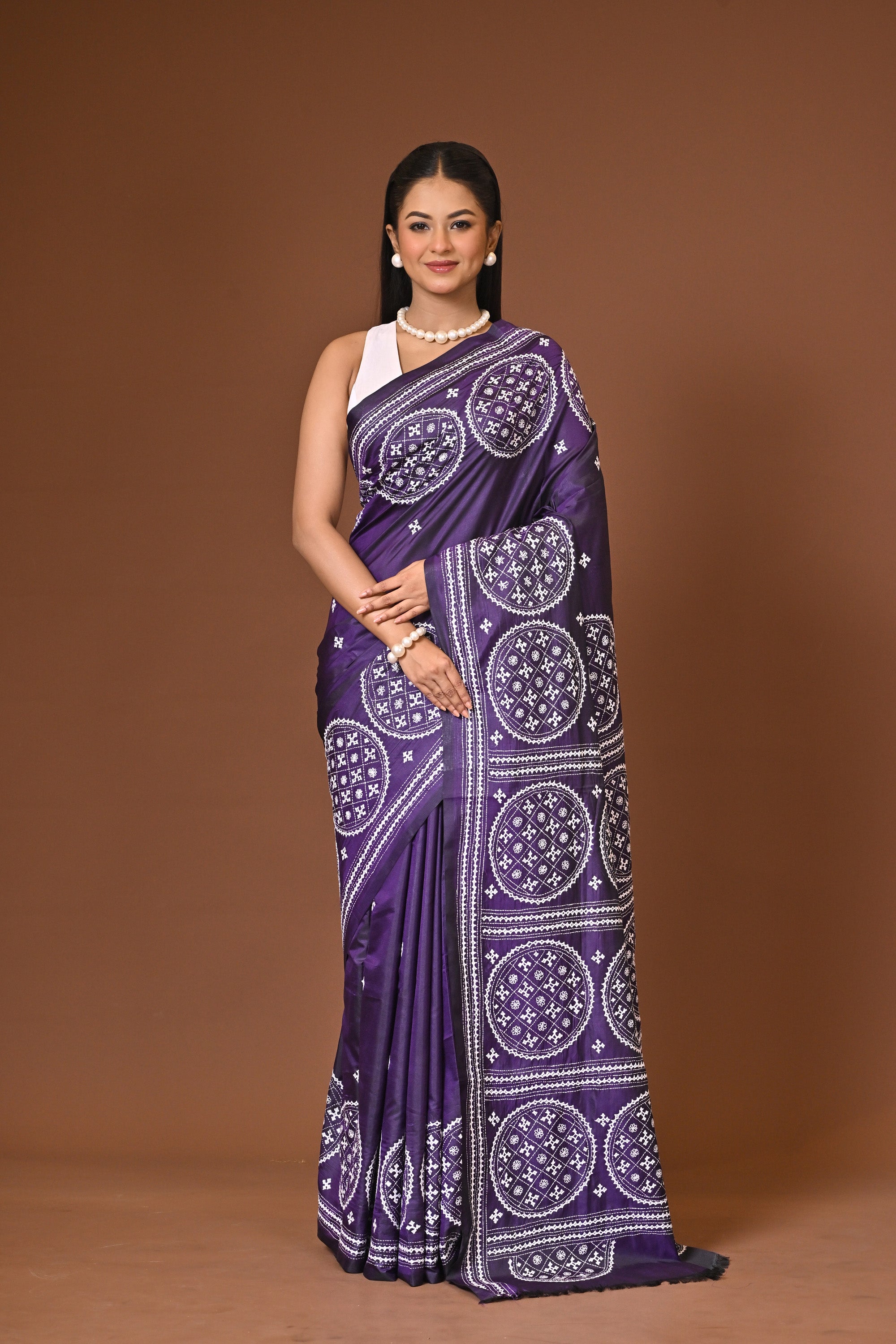 Blended Silk Kantha Stitch Saree Purple