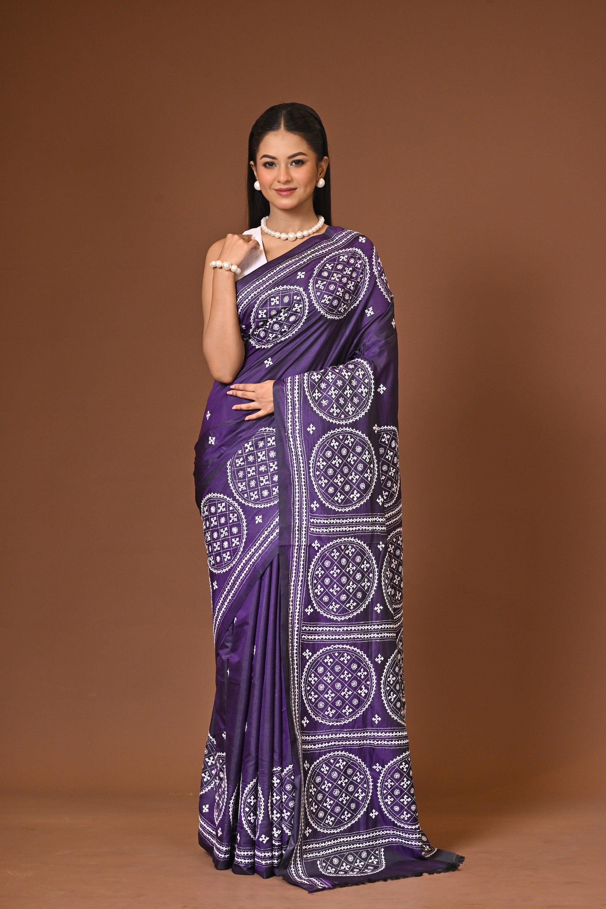 Blended Silk Kantha Stitch Saree Purple Thumbnail