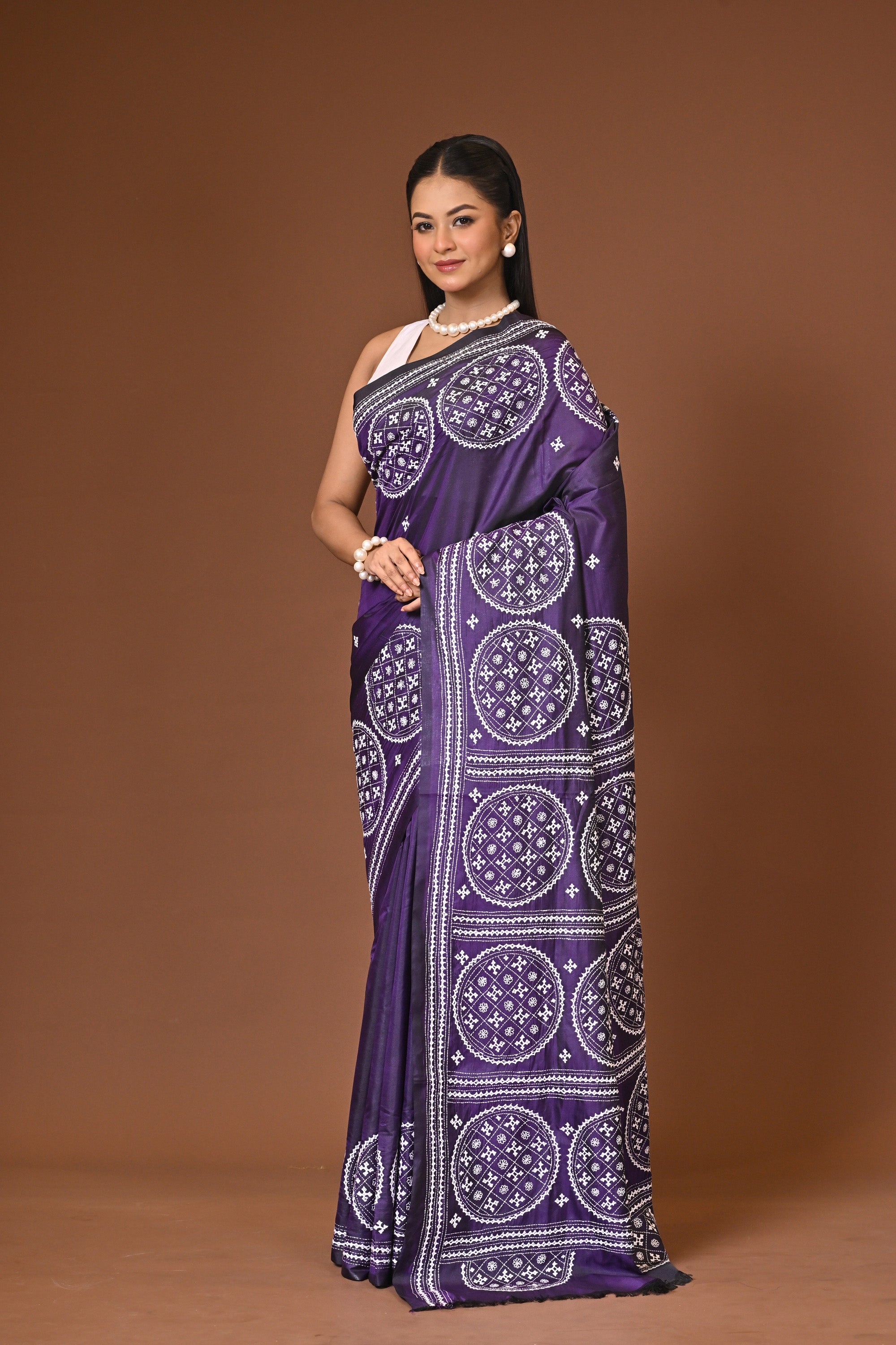 Blended Silk Kantha Stitch Saree Purple Thumbnail
