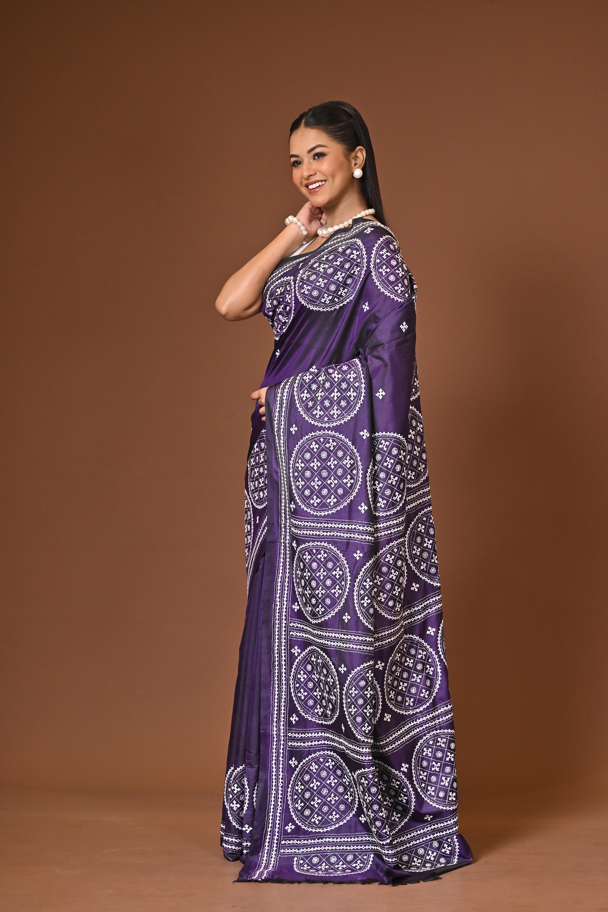 Blended Silk Kantha Stitch Saree Purple Thumbnail