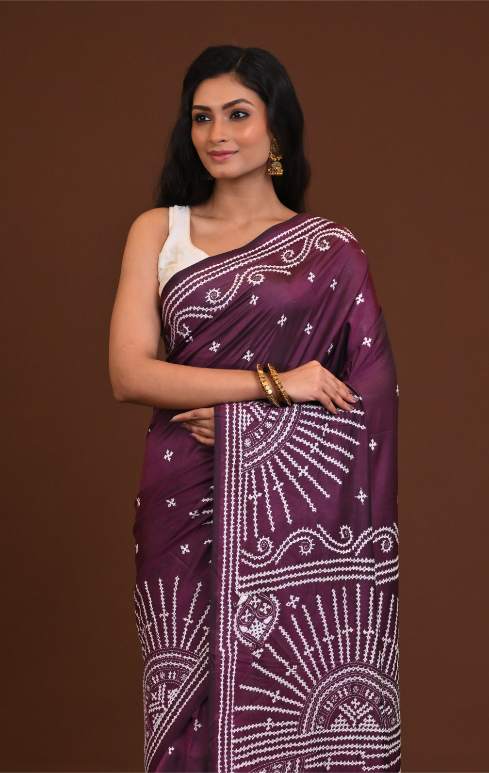 Blended Silk Kantha Stitch Saree Purple