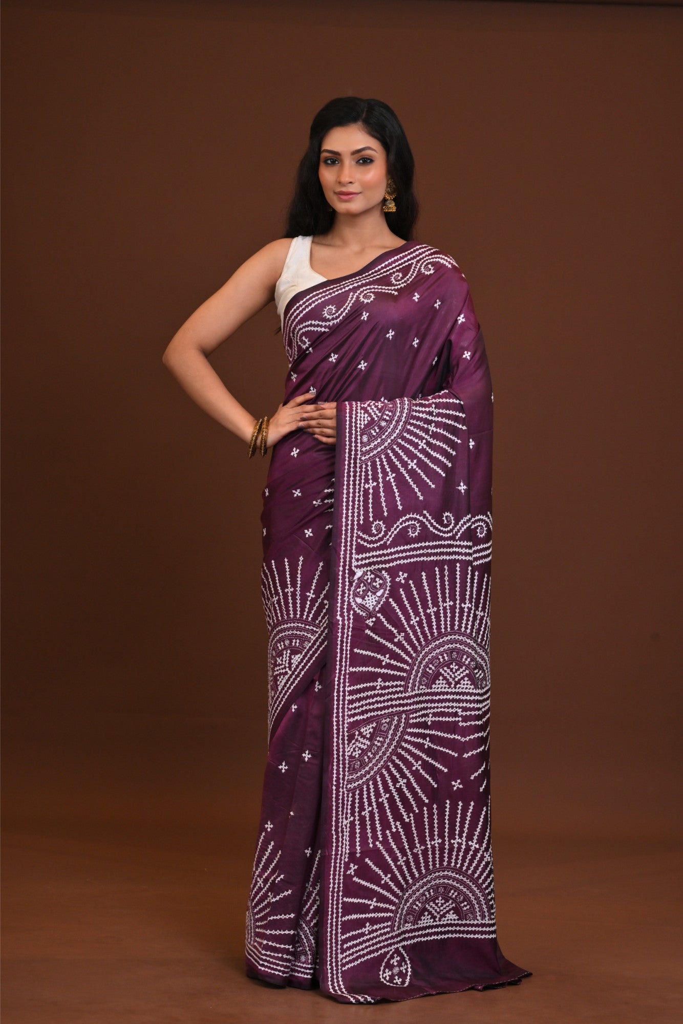 Blended Silk Kantha Stitch Saree Purple Thumbnail