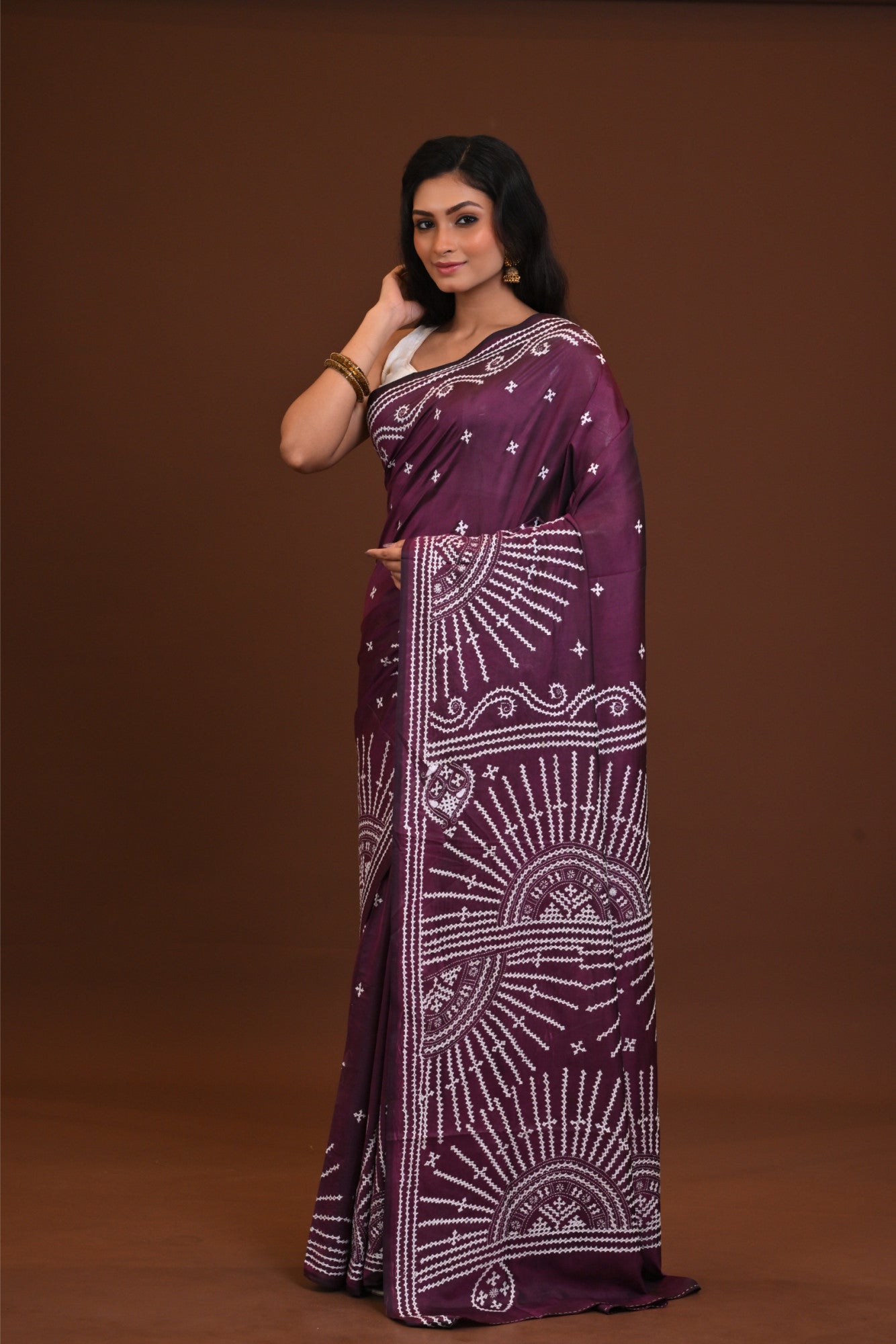 Blended Silk Kantha Stitch Saree Purple Thumbnail