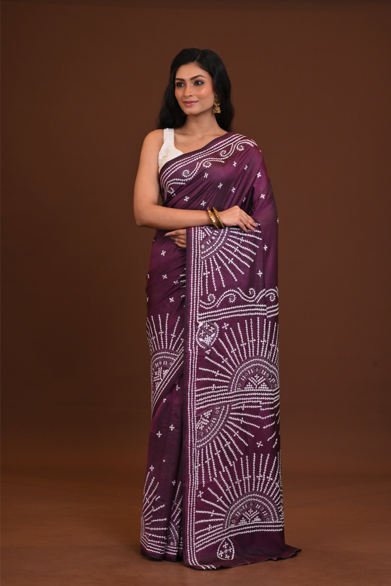 Blended Silk Kantha Stitch Saree Purple Thumbnail
