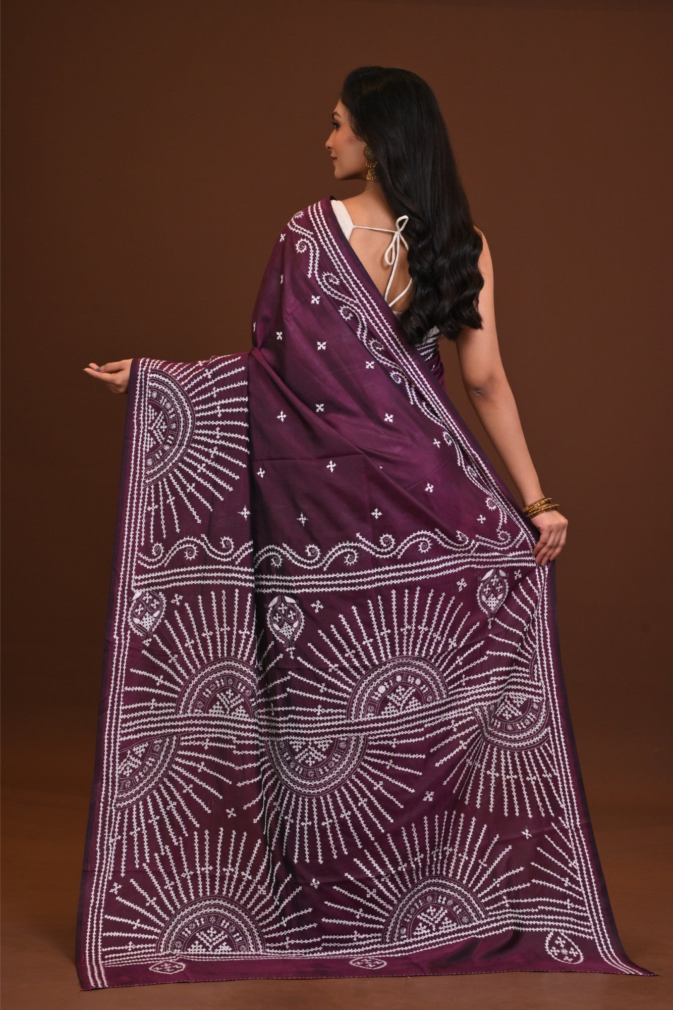 Blended Silk Kantha Stitch Saree Purple Thumbnail