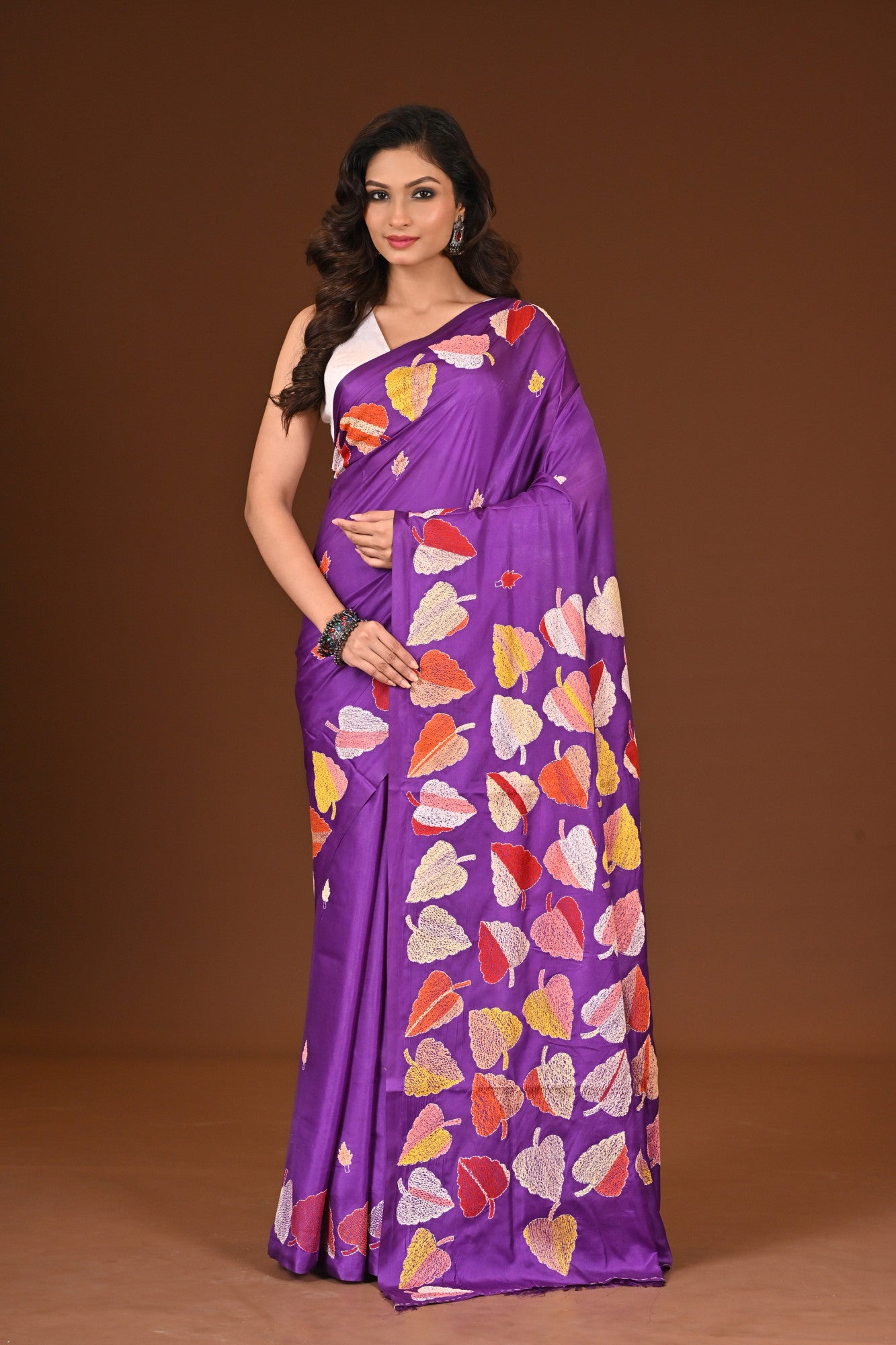 Blended Silk Kantha Stitch Saree Purple