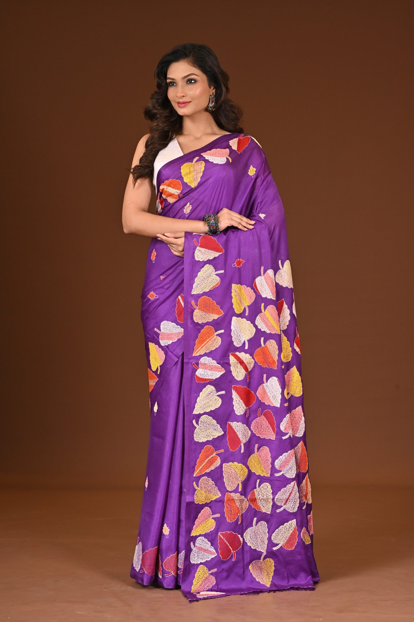 Blended Silk Kantha Stitch Saree Purple Thumbnail