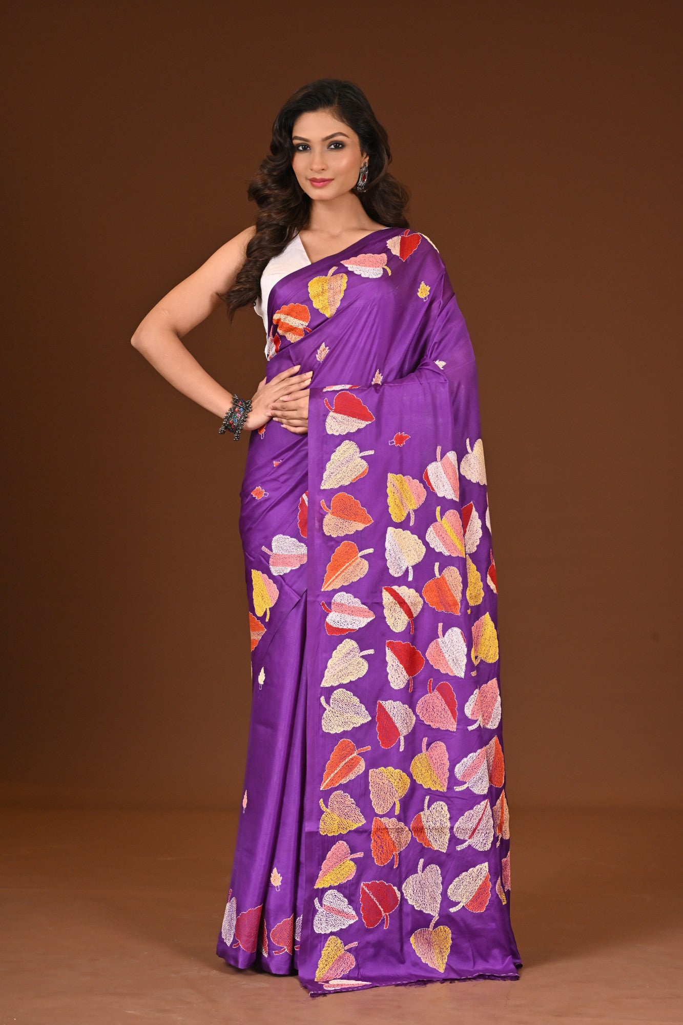 Blended Silk Kantha Stitch Saree Purple Thumbnail