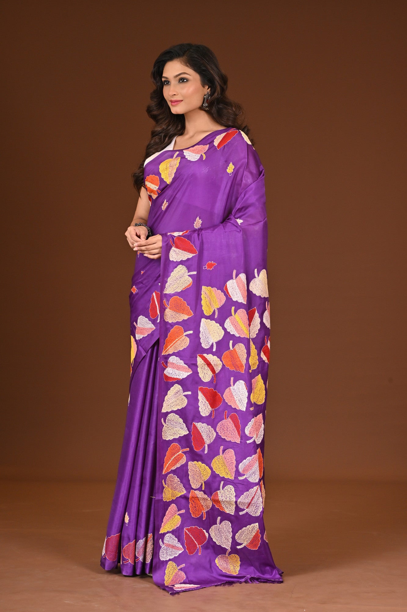 Blended Silk Kantha Stitch Saree Purple Thumbnail