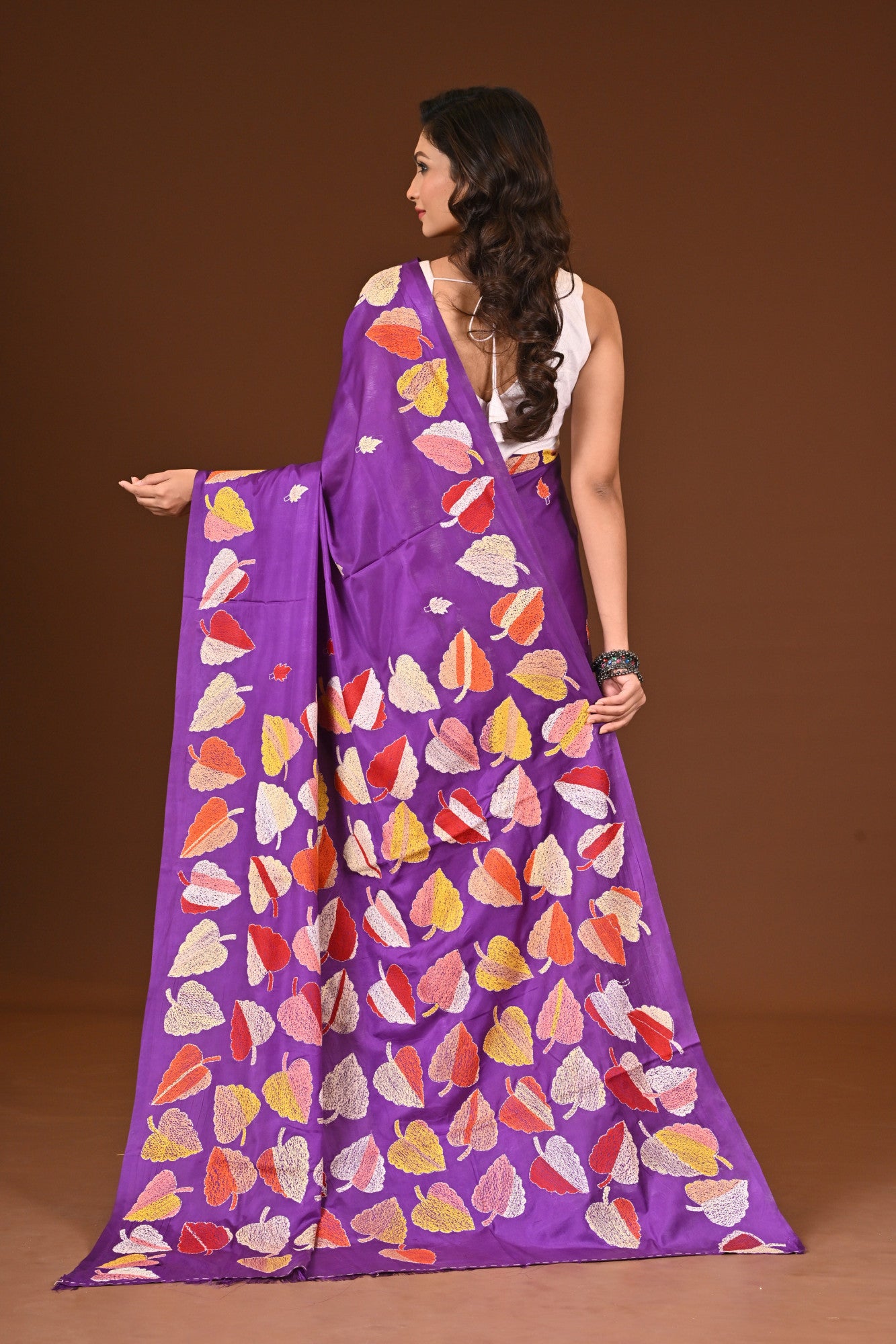 Blended Silk Kantha Stitch Saree Purple Thumbnail