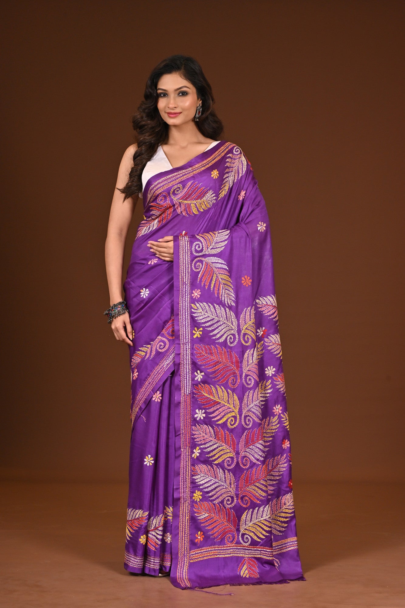 Blended Silk Kantha Stitch Saree Purple