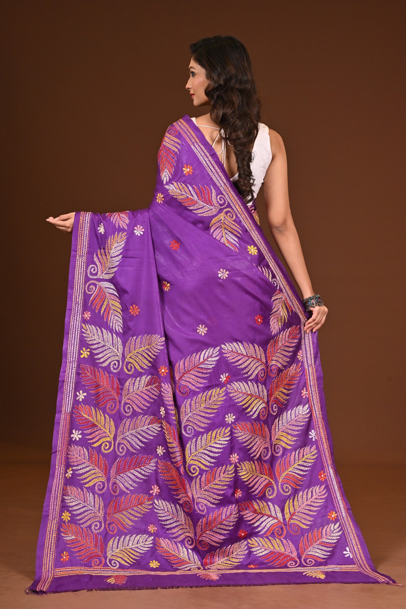 Blended Silk Kantha Stitch Saree Purple Thumbnail