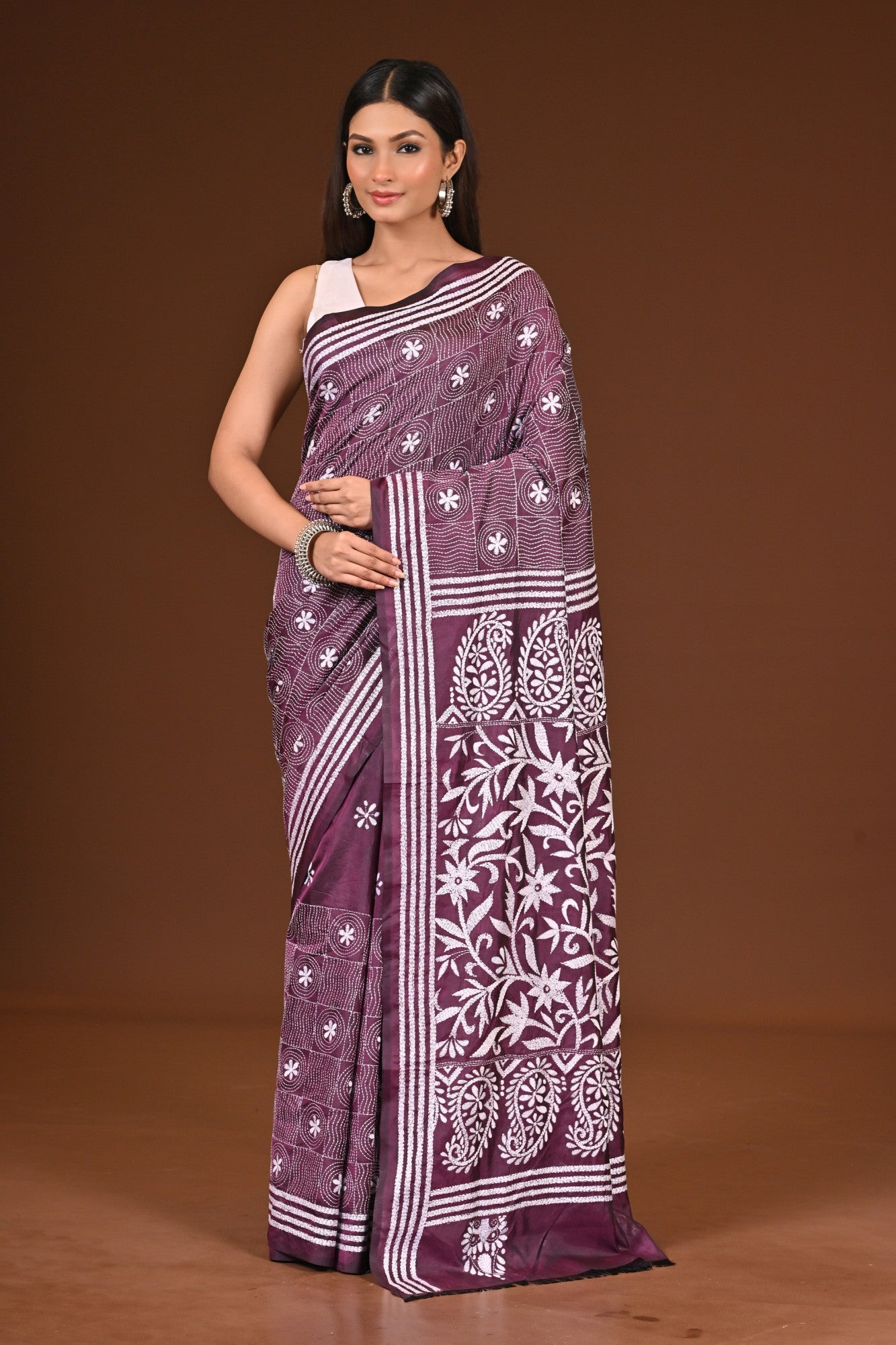 Blended Silk Kantha Stitch Saree Purple