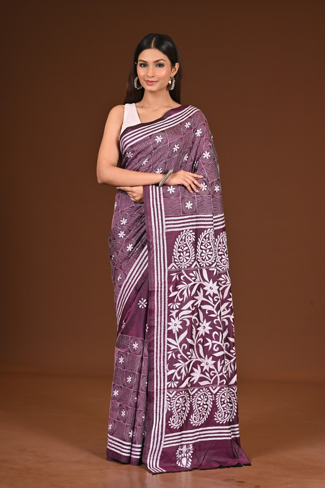 Blended Silk Kantha Stitch Saree Purple Thumbnail