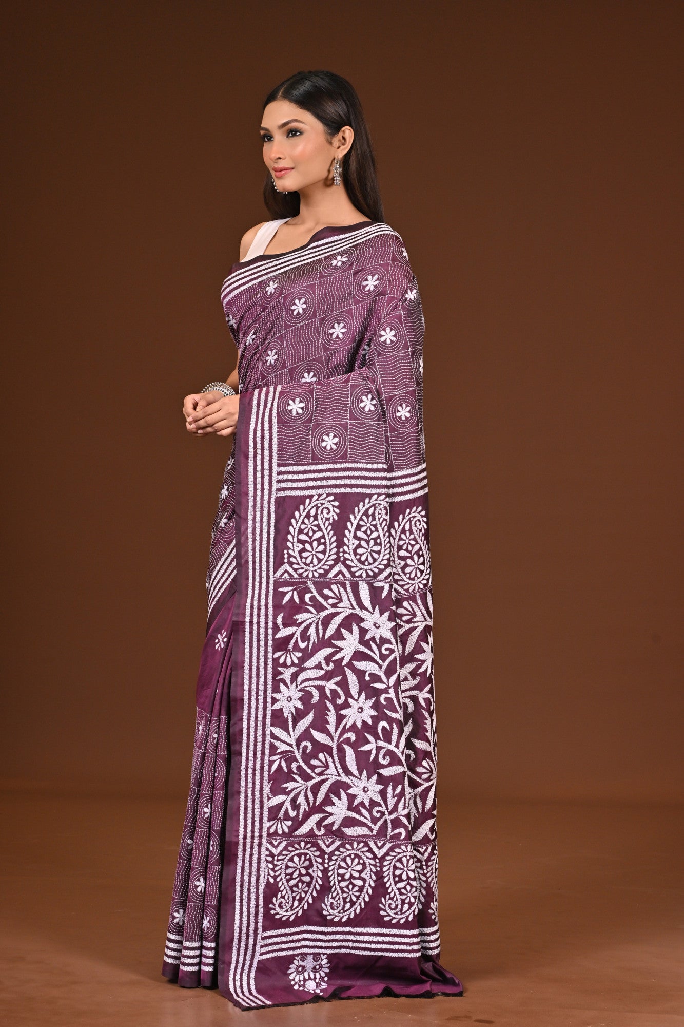 Blended Silk Kantha Stitch Saree Purple Thumbnail