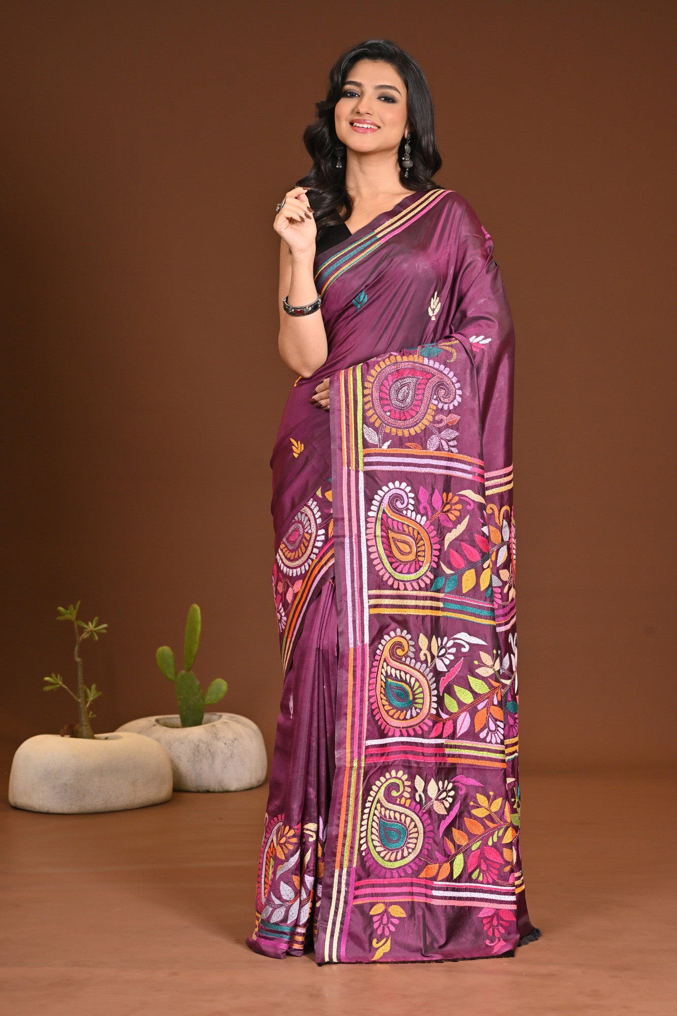 Blended Silk Kantha Stitch Saree Purple Thumbnail