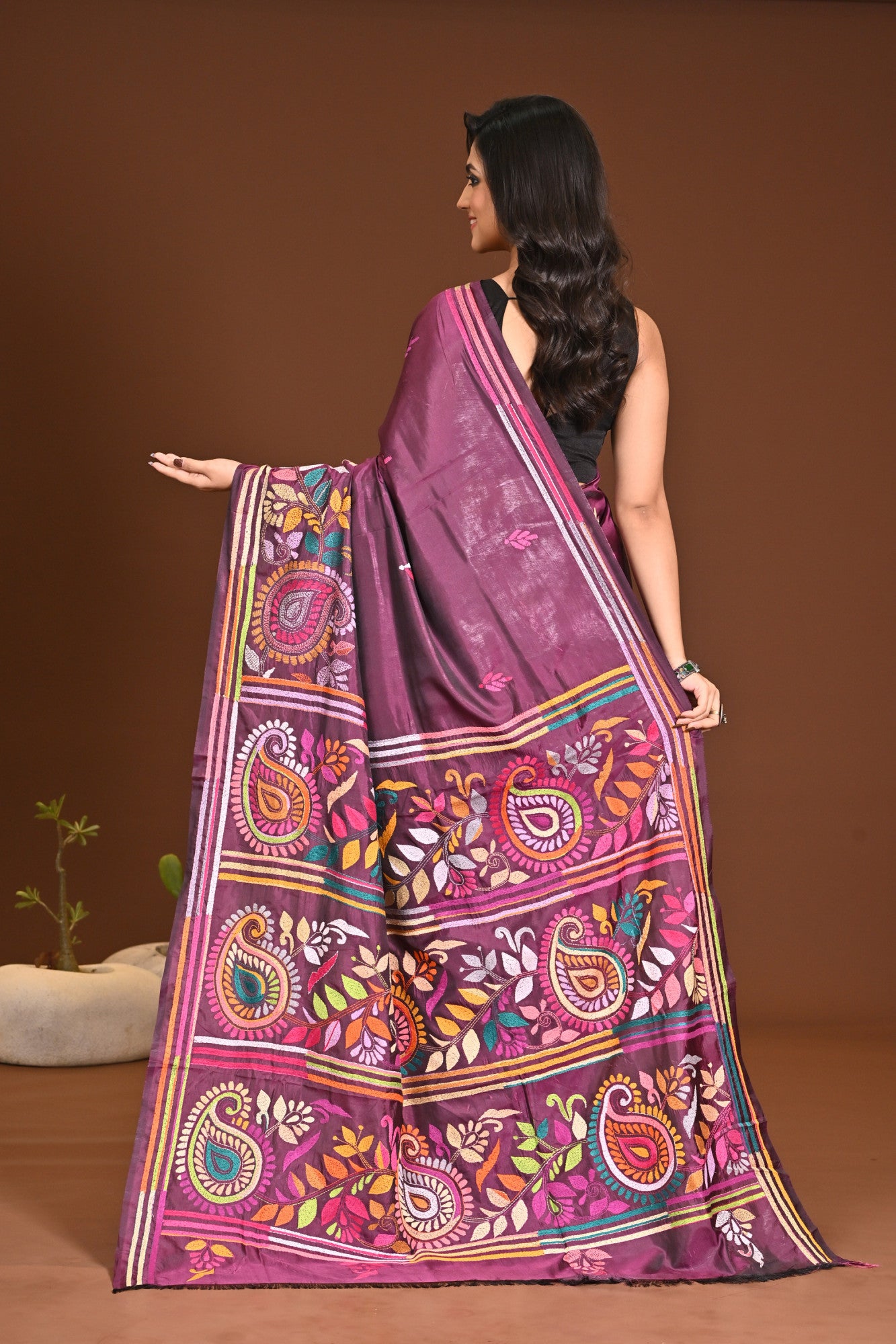 Blended Silk Kantha Stitch Saree Purple Thumbnail