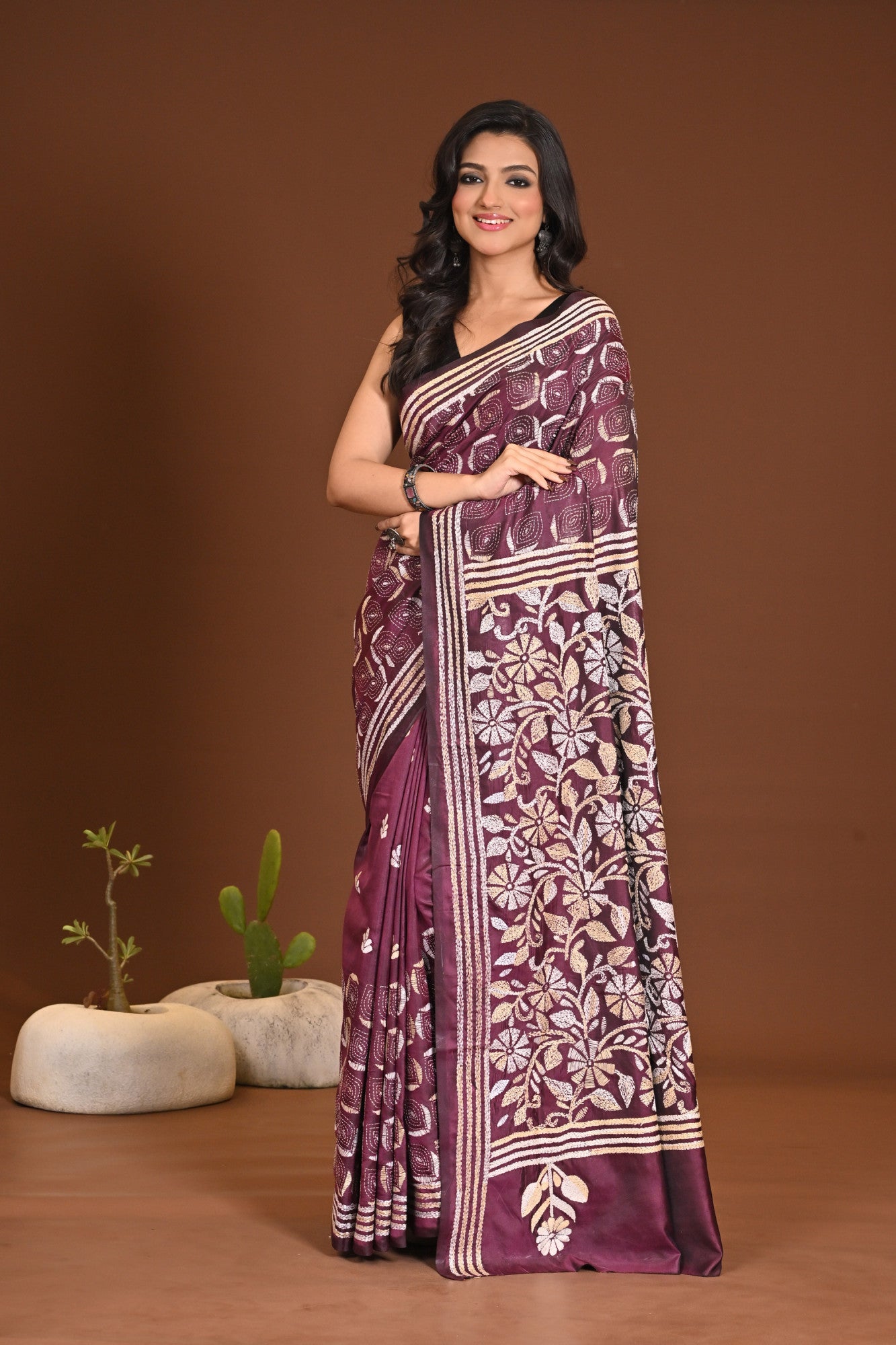 Blended Silk Kantha Stitch Saree Purple Thumbnail