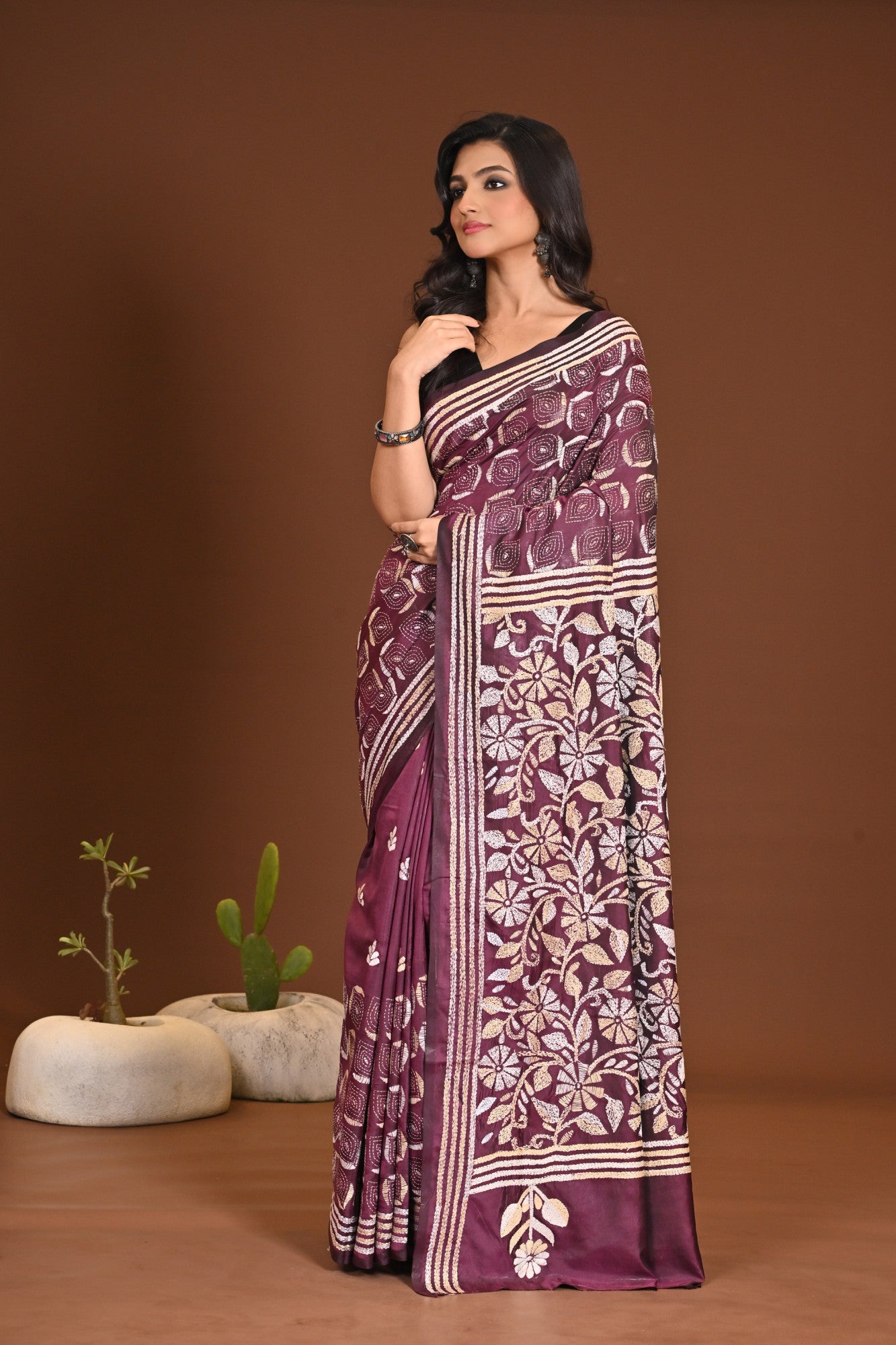 Blended Silk Kantha Stitch Saree Purple Thumbnail