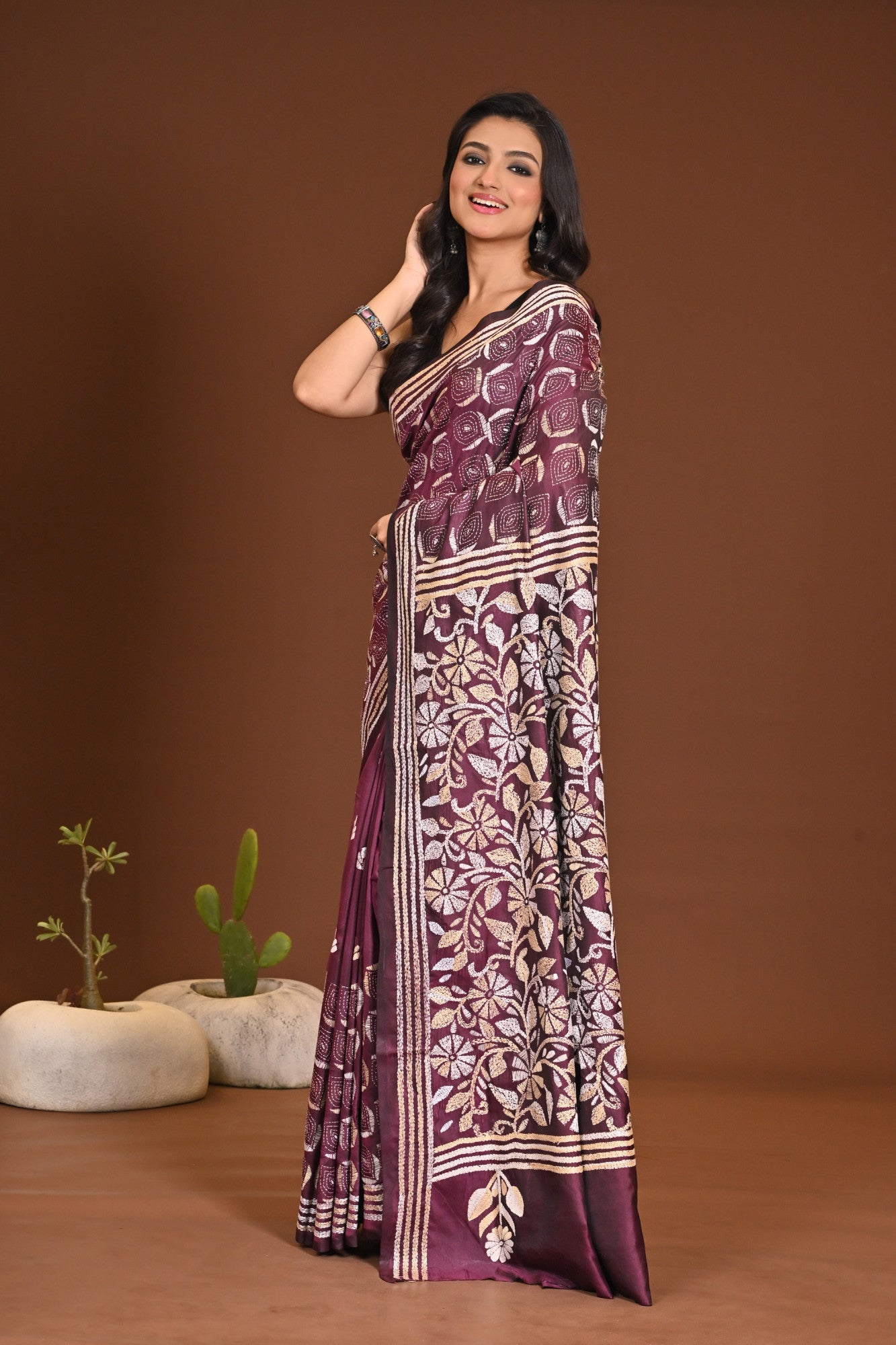 Blended Silk Kantha Stitch Saree Purple Thumbnail