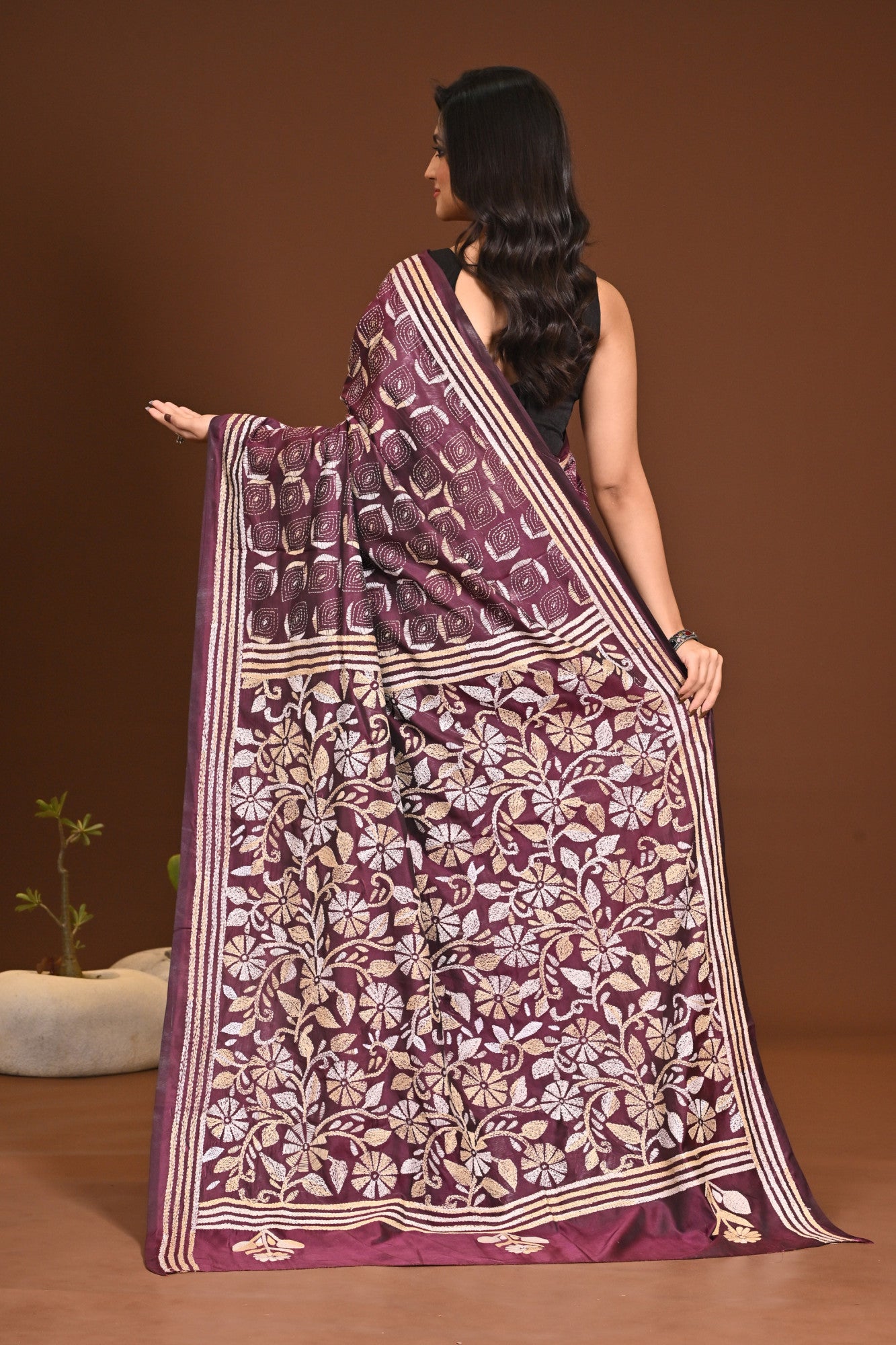 Blended Silk Kantha Stitch Saree Purple Thumbnail
