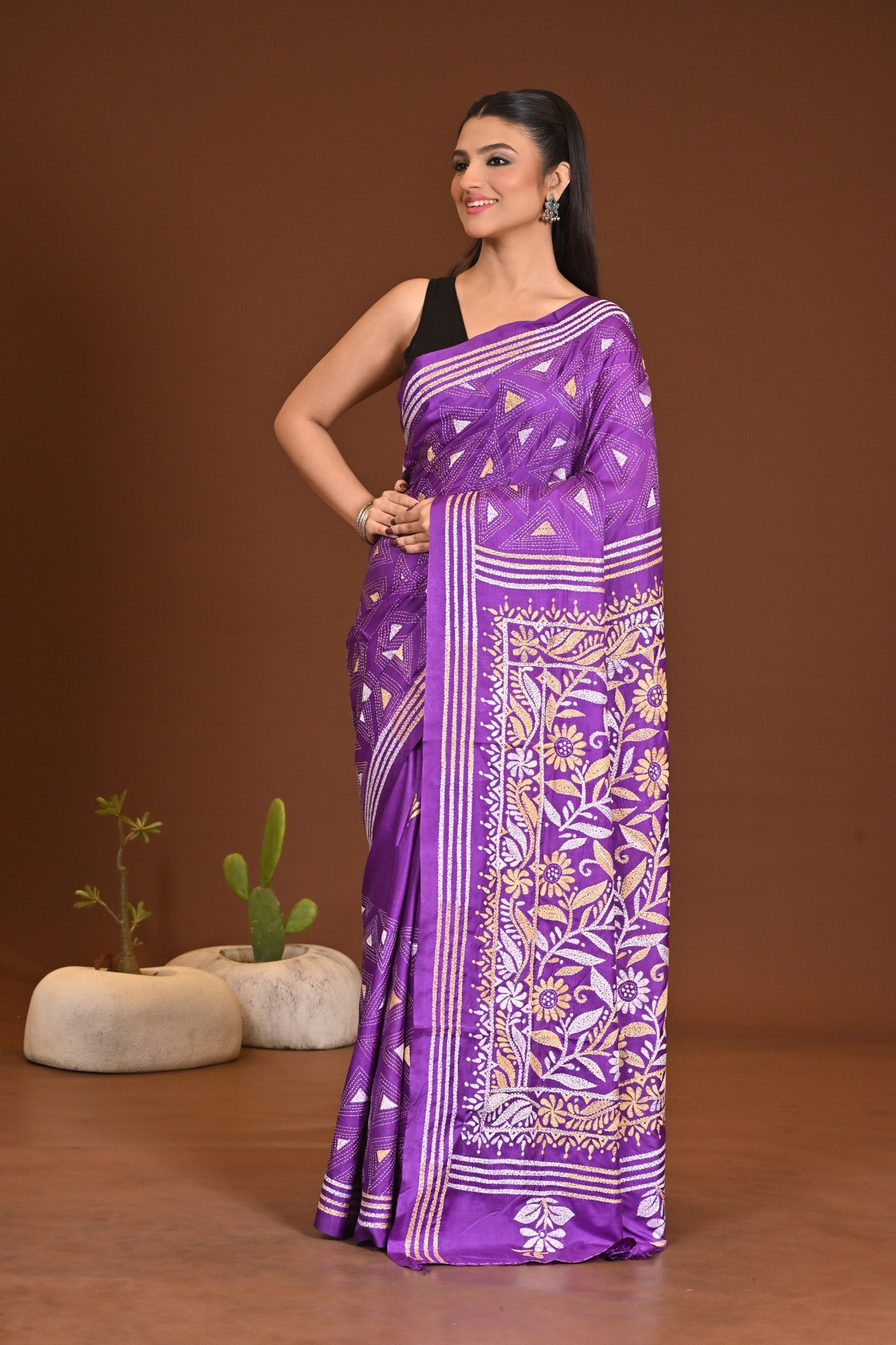 Blended Silk Kantha Stitch Saree Purple Thumbnail