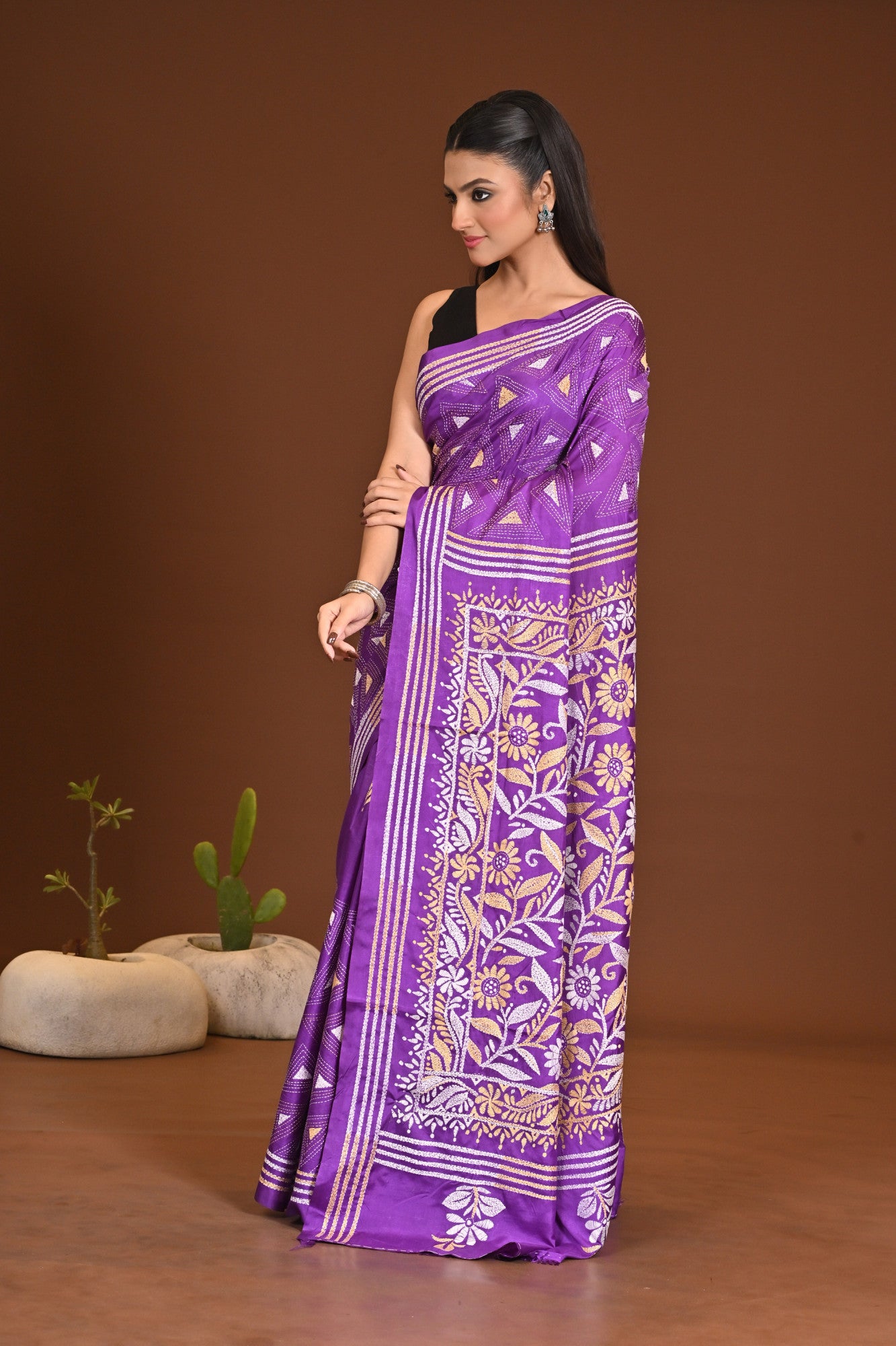 Blended Silk Kantha Stitch Saree Purple Thumbnail