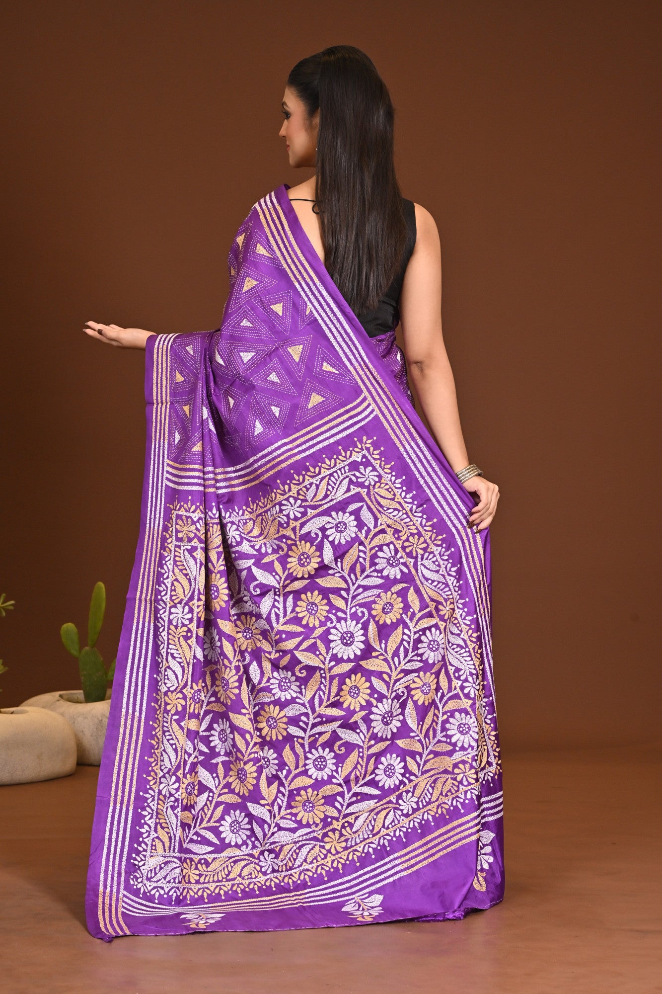 Blended Silk Kantha Stitch Saree Purple Thumbnail
