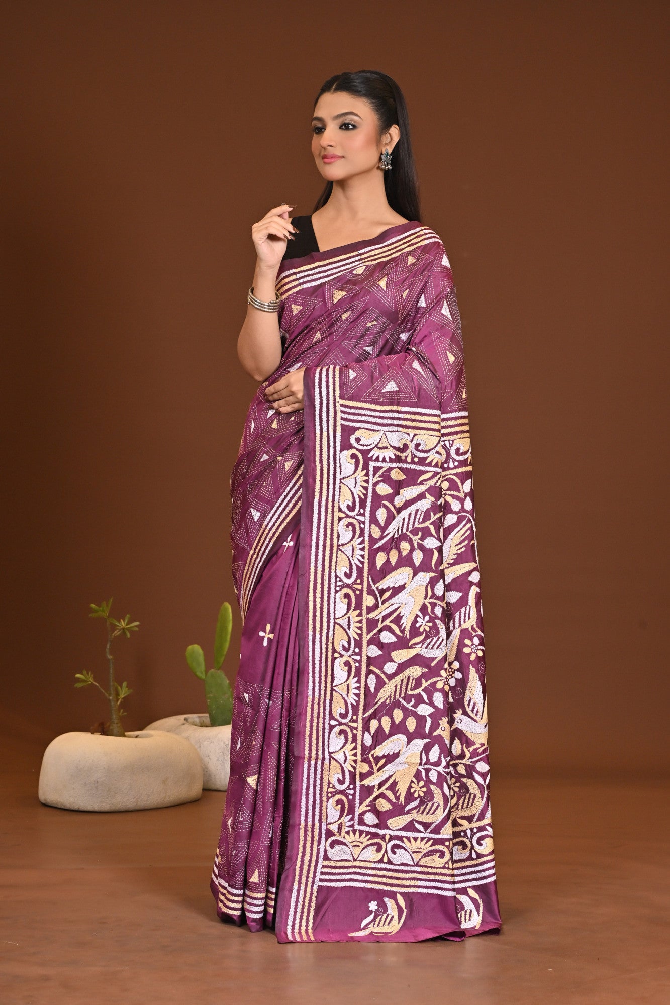 Blended Silk Kantha Stitch Saree Purple Thumbnail