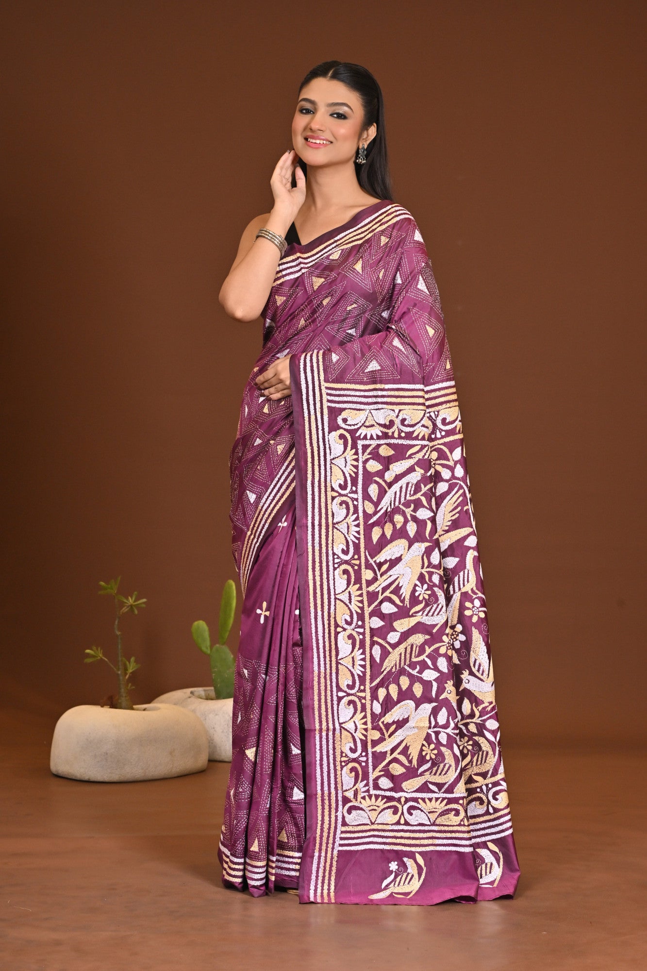 Blended Silk Kantha Stitch Saree Purple Thumbnail