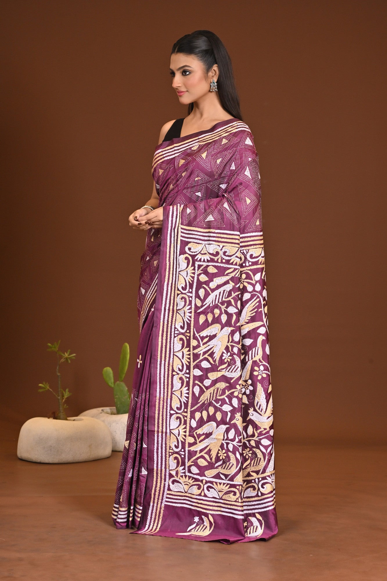 Blended Silk Kantha Stitch Saree Purple Thumbnail
