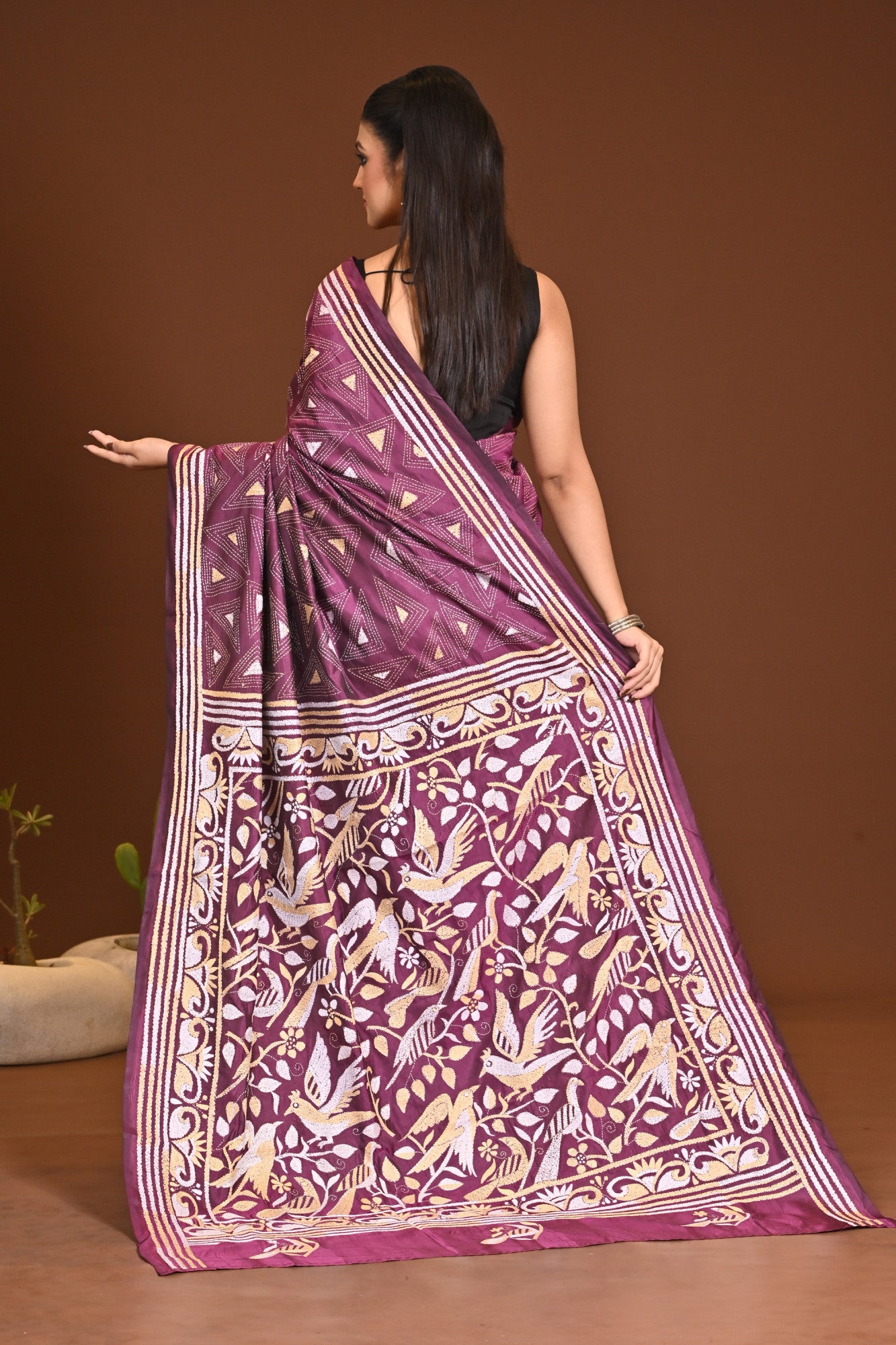 Blended Silk Kantha Stitch Saree Purple Thumbnail